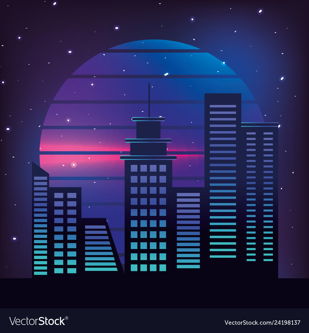 Retro Style City Purple Background