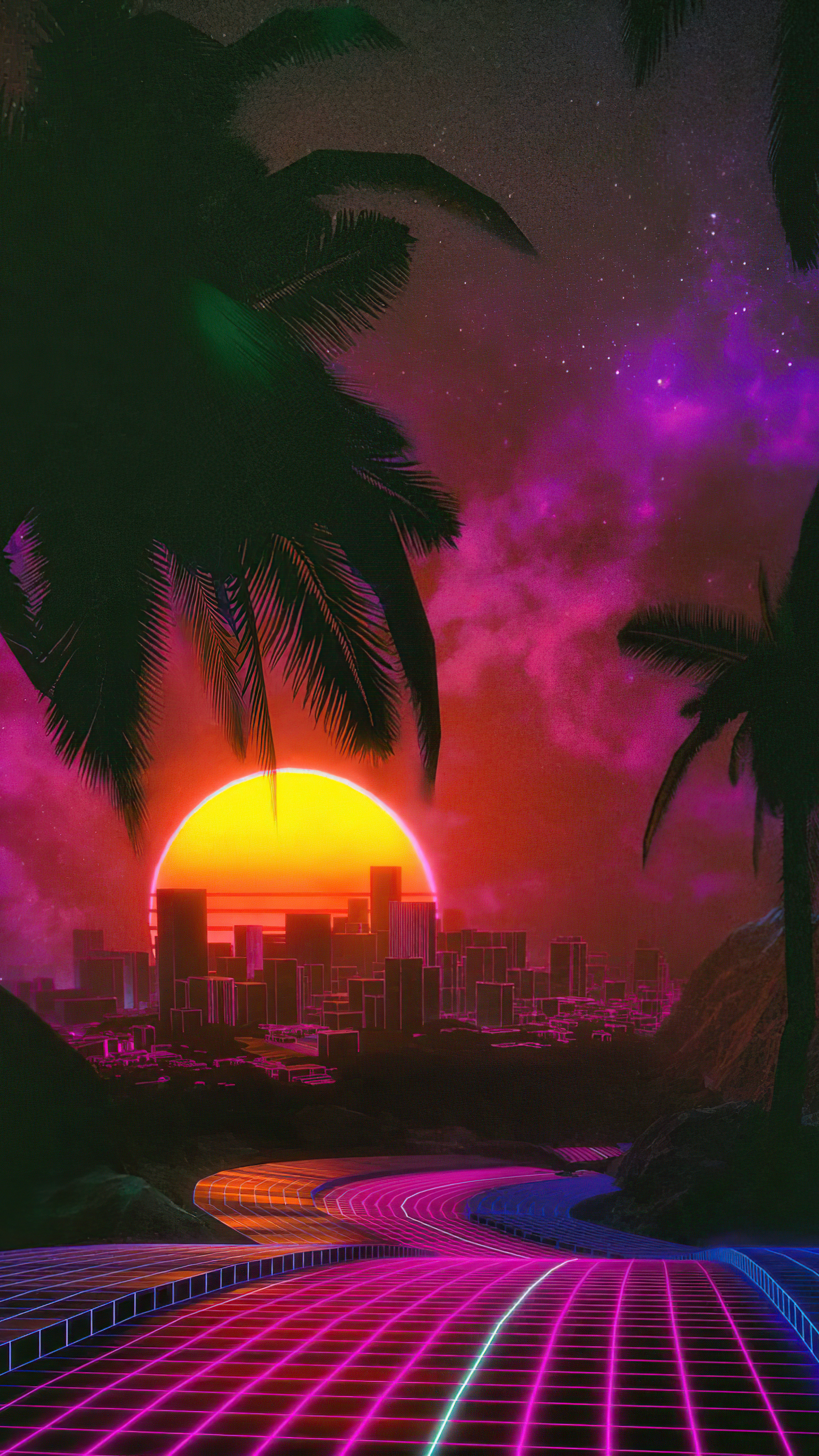 Retro Wave Sunrise Path Wallpapers