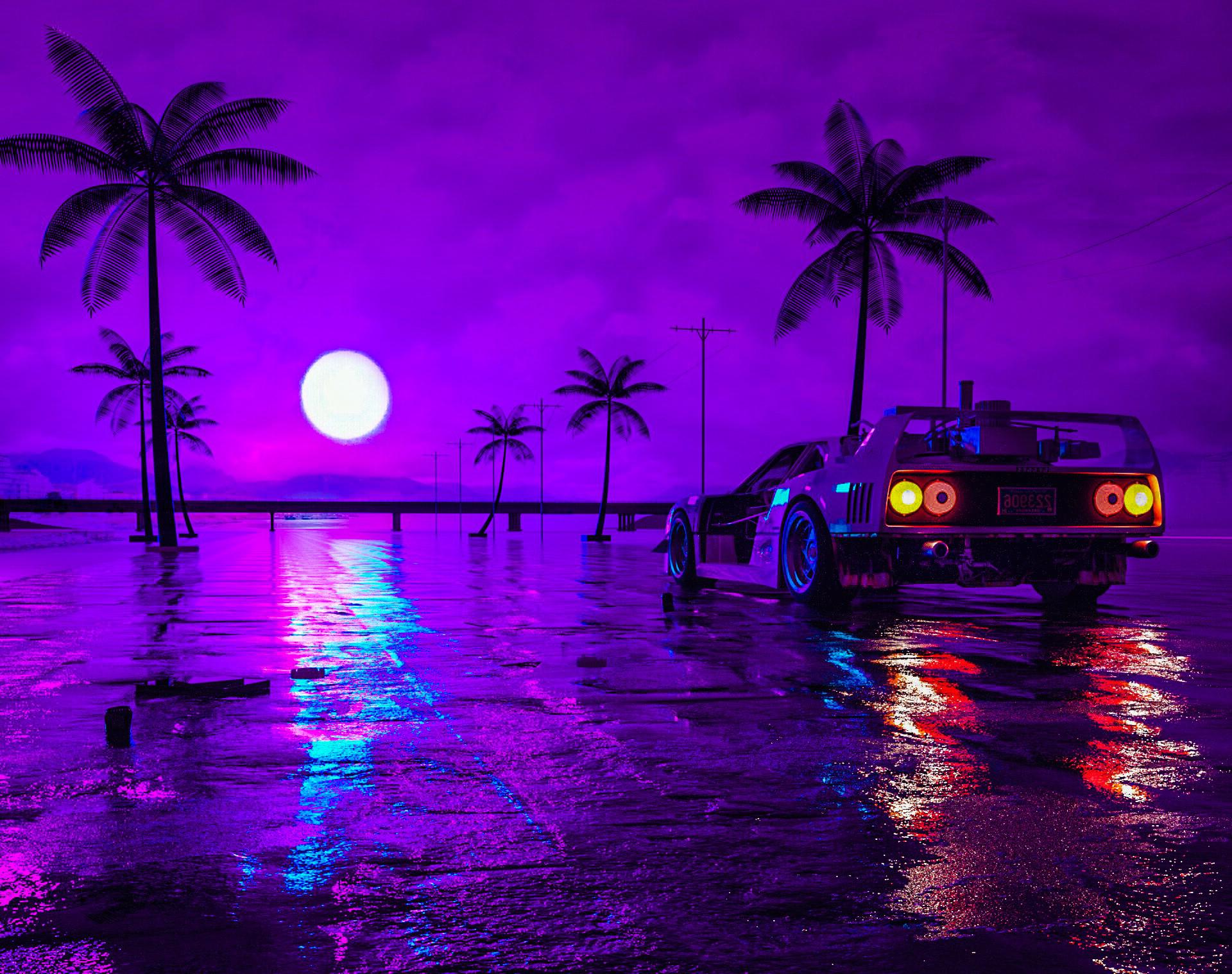 Retro Wave Sunset And Running Car Wallpapers