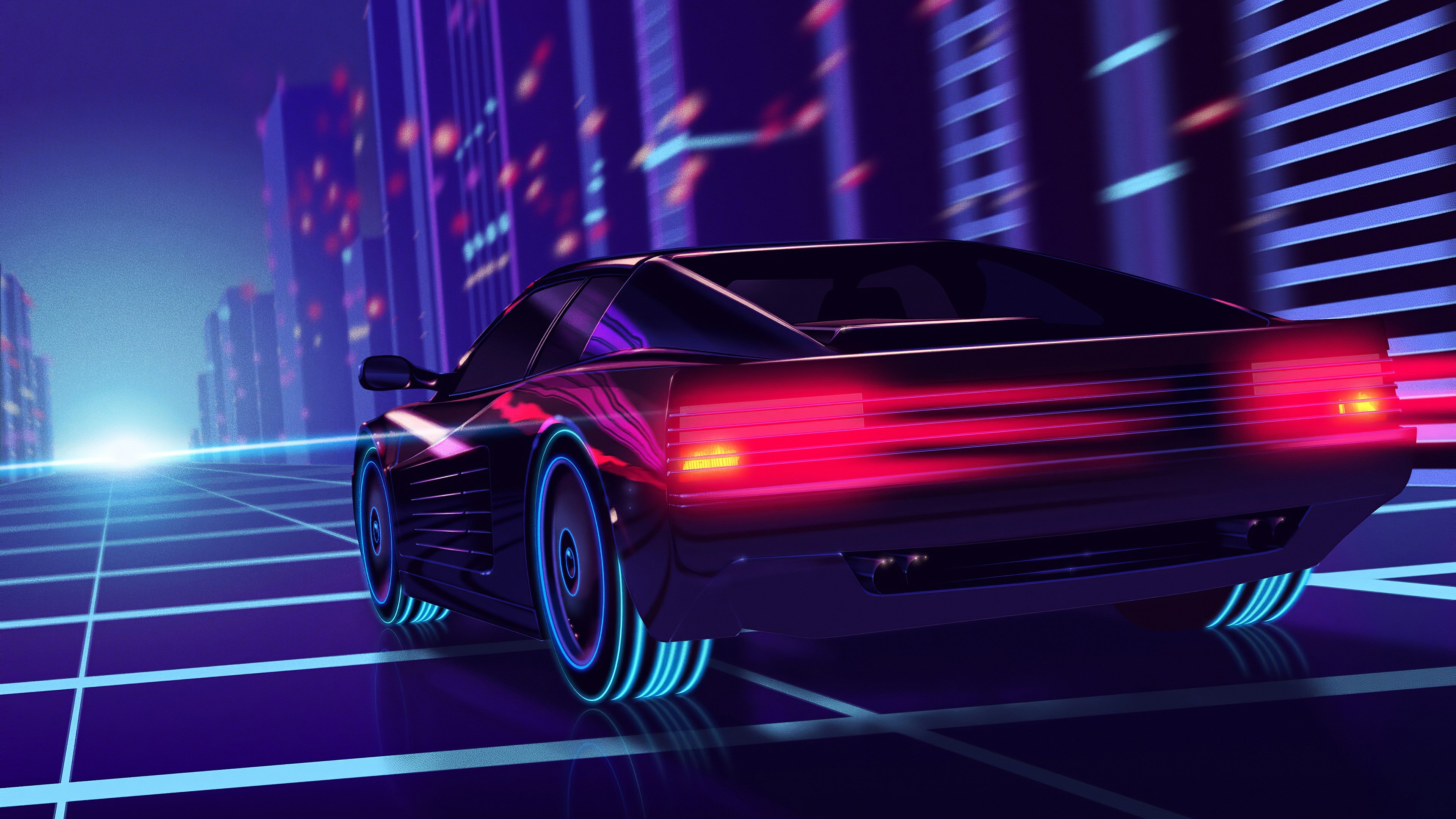 Retro Wave Sunset And Running Car Wallpapers