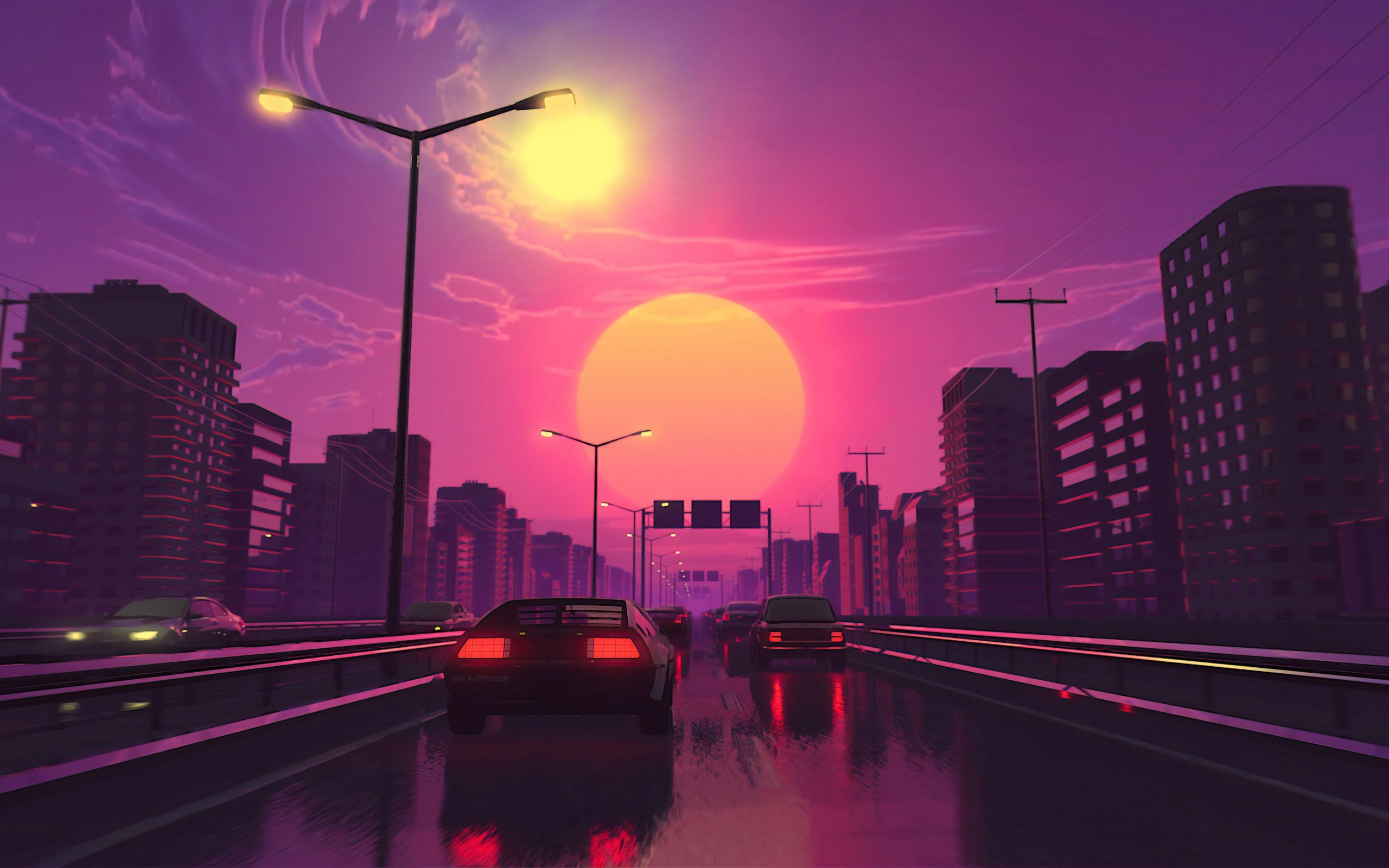 Retro Wave Sunset And Running Car Wallpapers