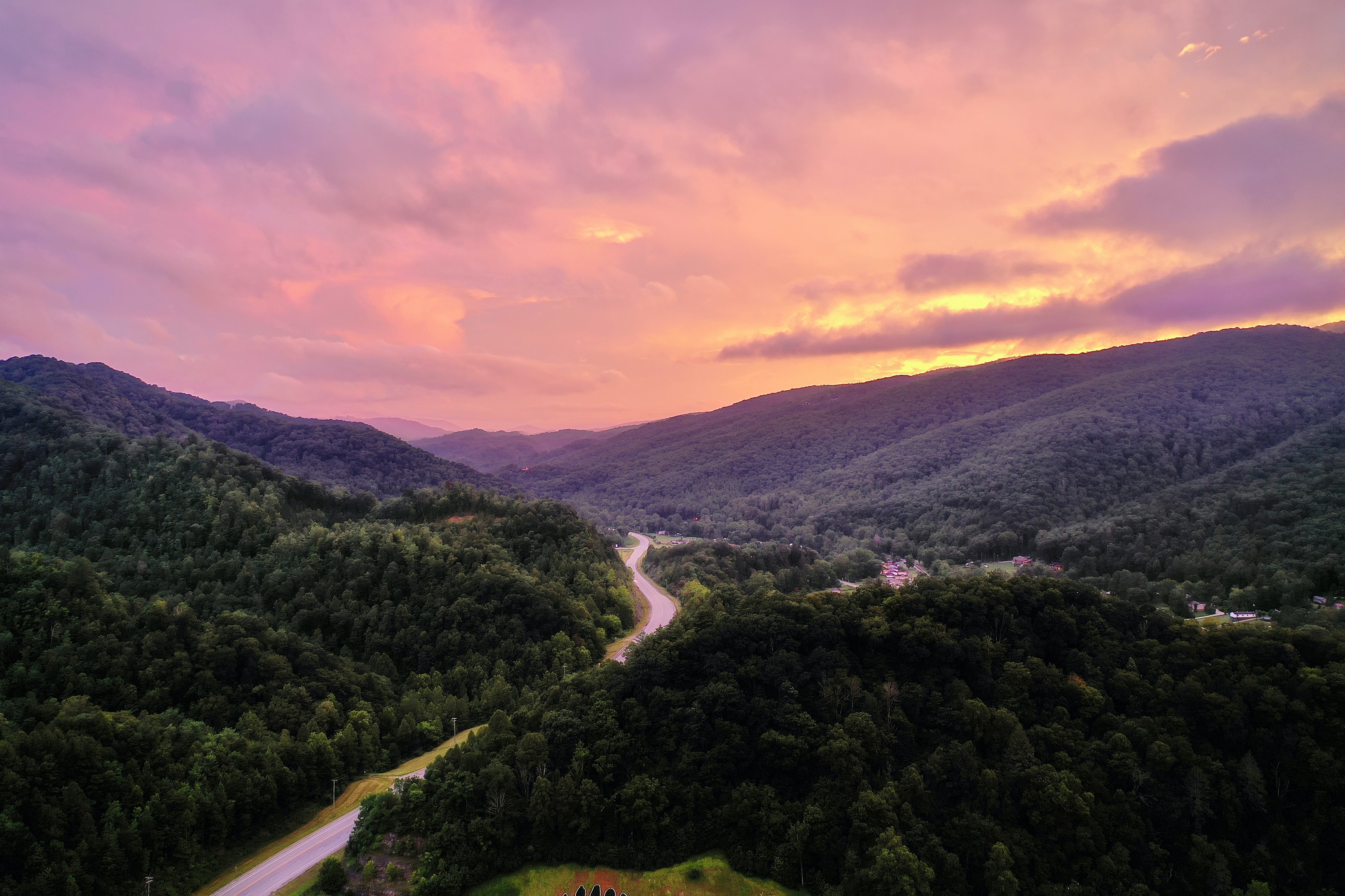 River And Forest Sunset Drone View Wallpapers