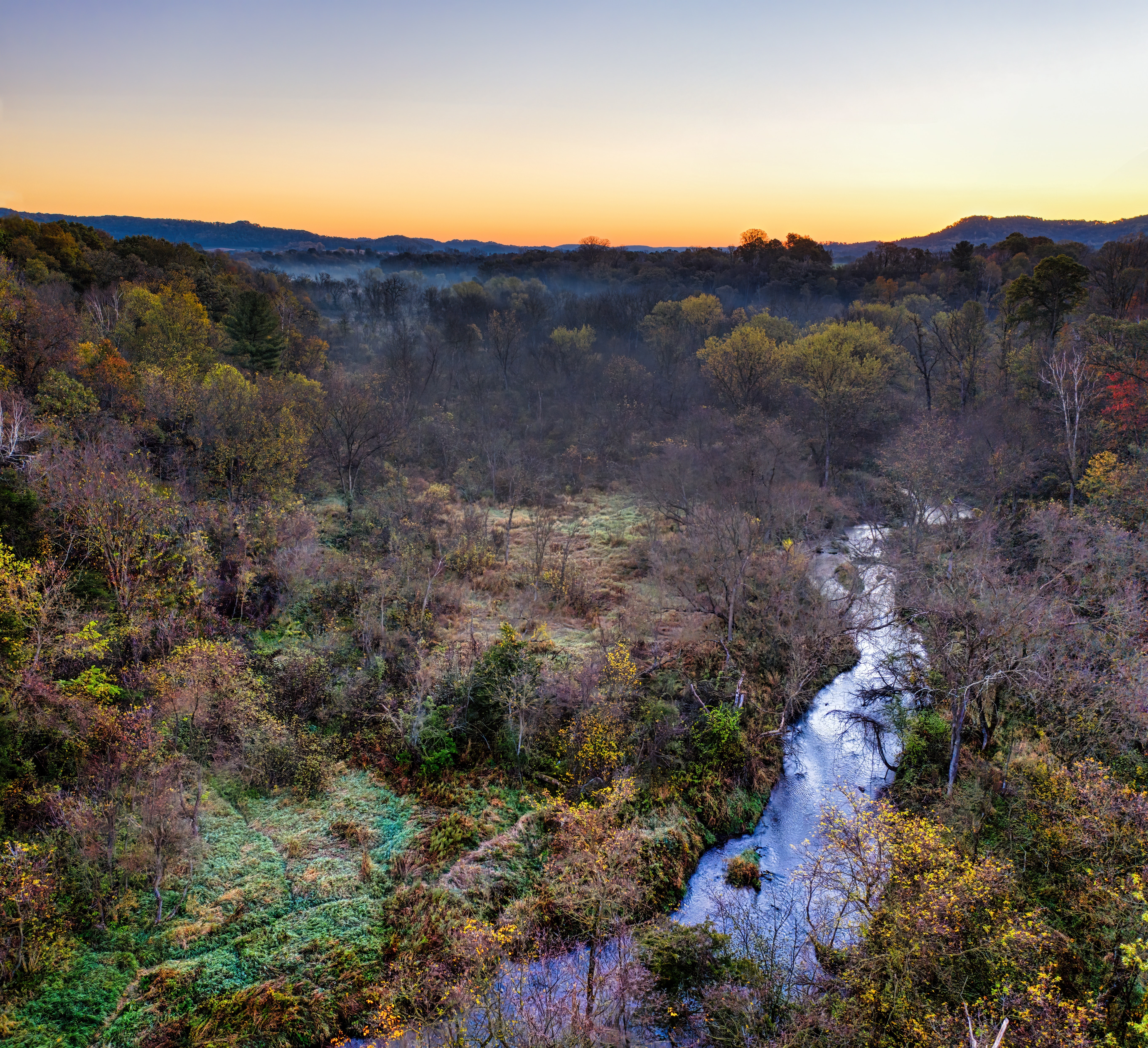 River And Forest Sunset Drone View Wallpapers