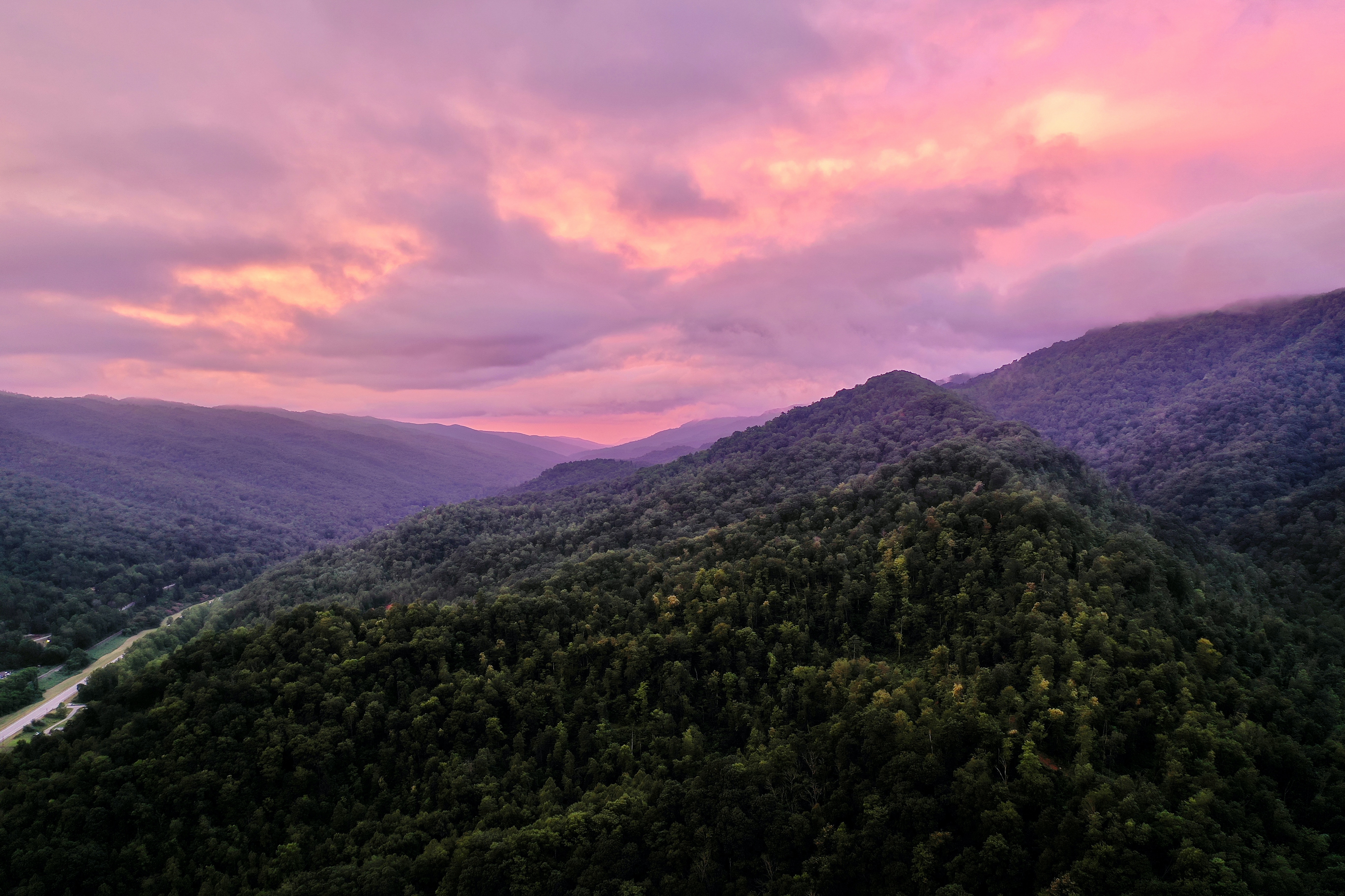 River And Forest Sunset Drone View Wallpapers