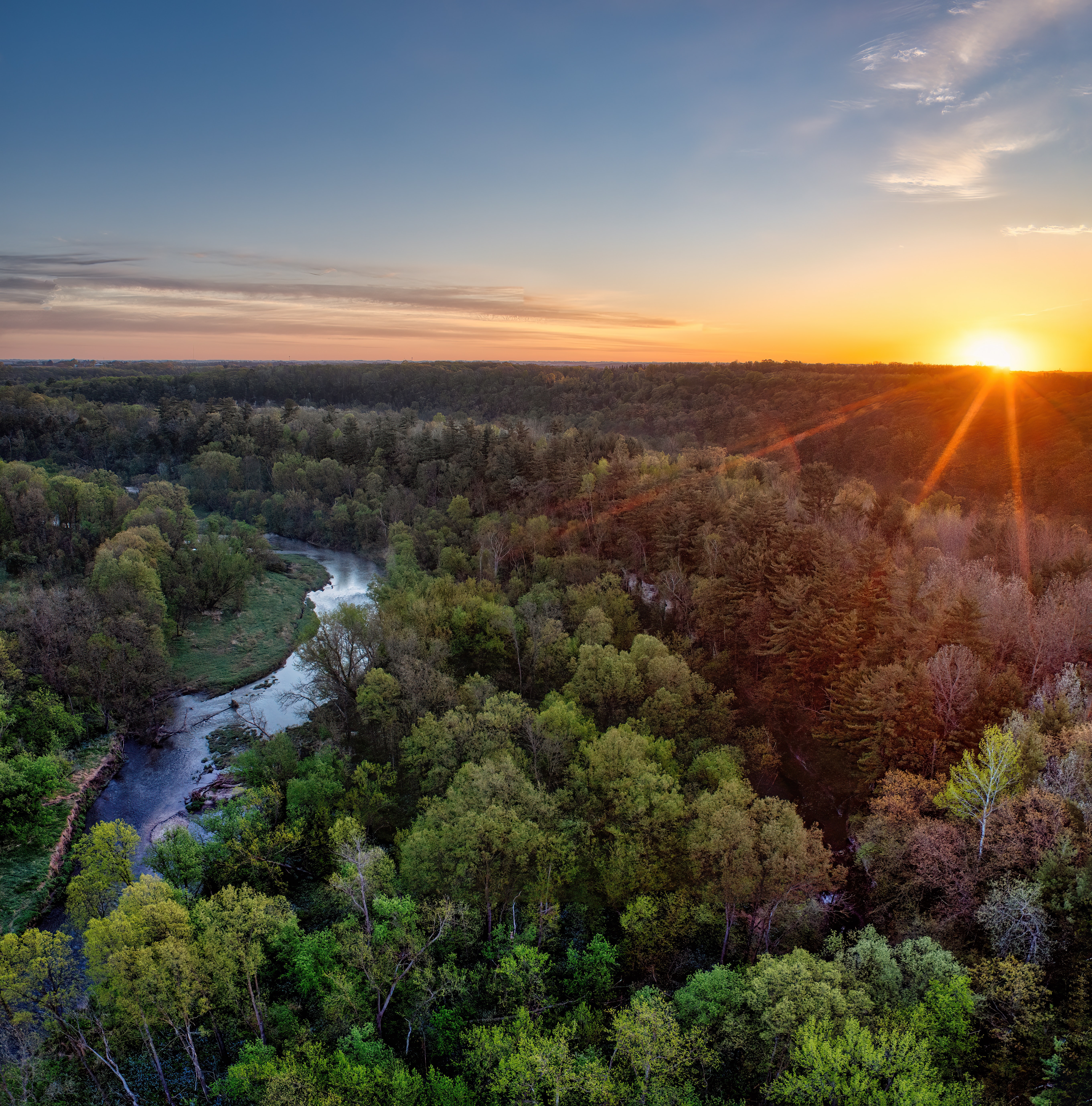 River And Forest Sunset Drone View Wallpapers