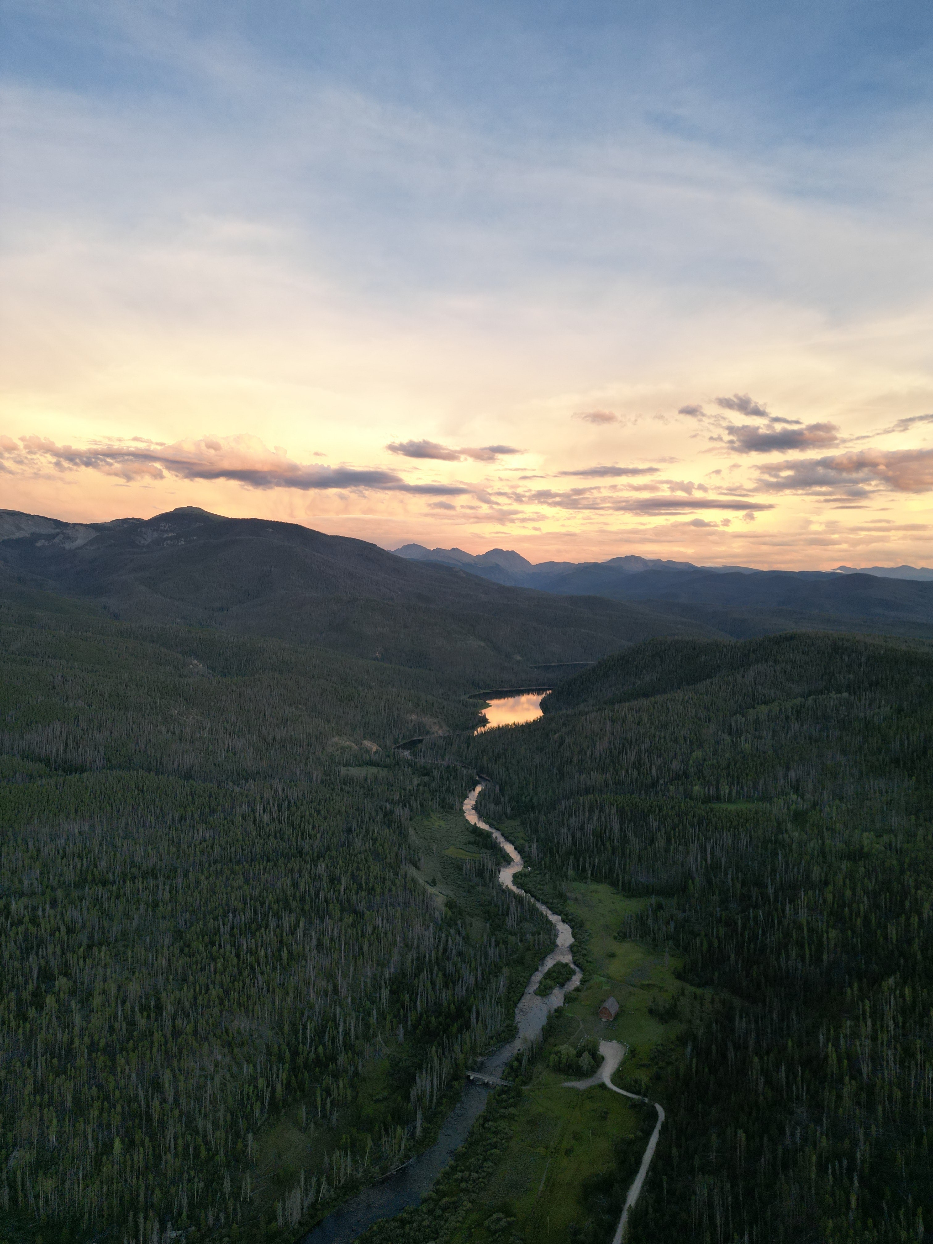 River And Forest Sunset Drone View Wallpapers