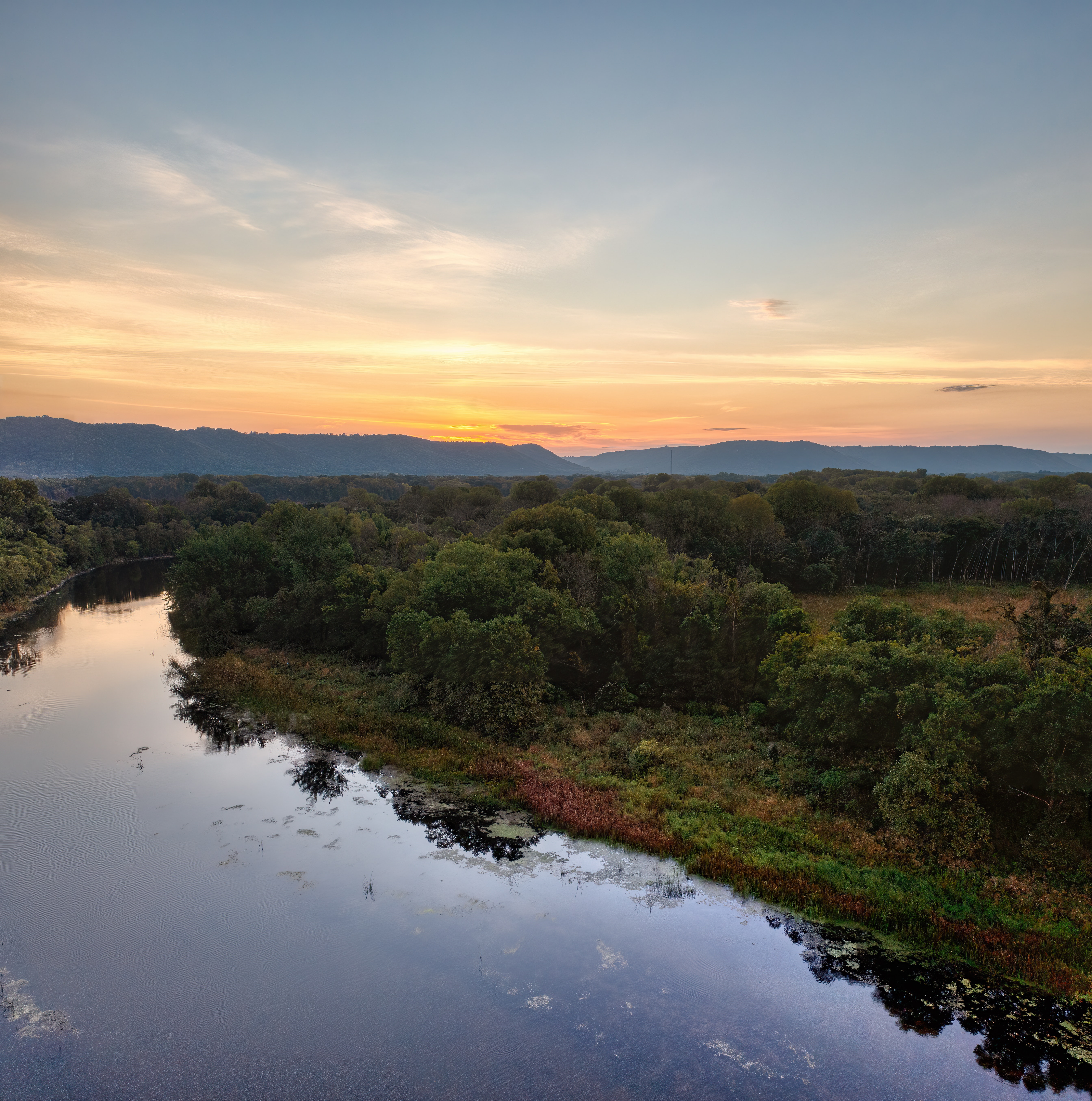 River And Forest Sunset Drone View Wallpapers