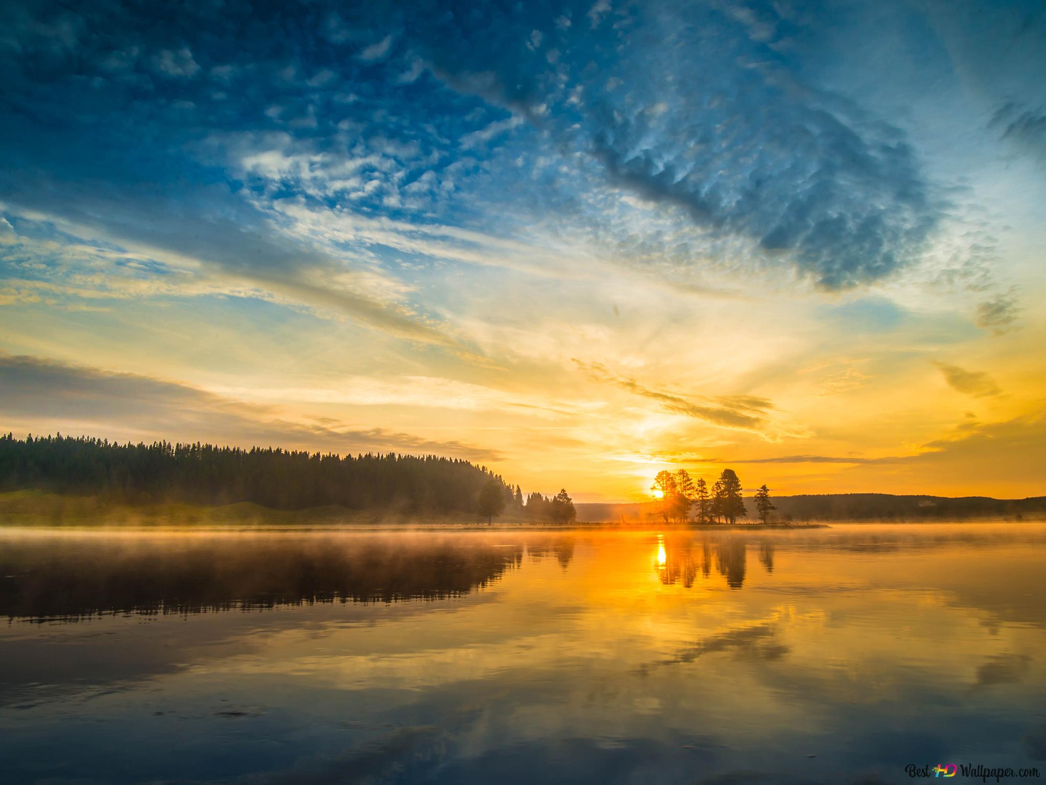 River And Forest Sunset Drone View Wallpapers