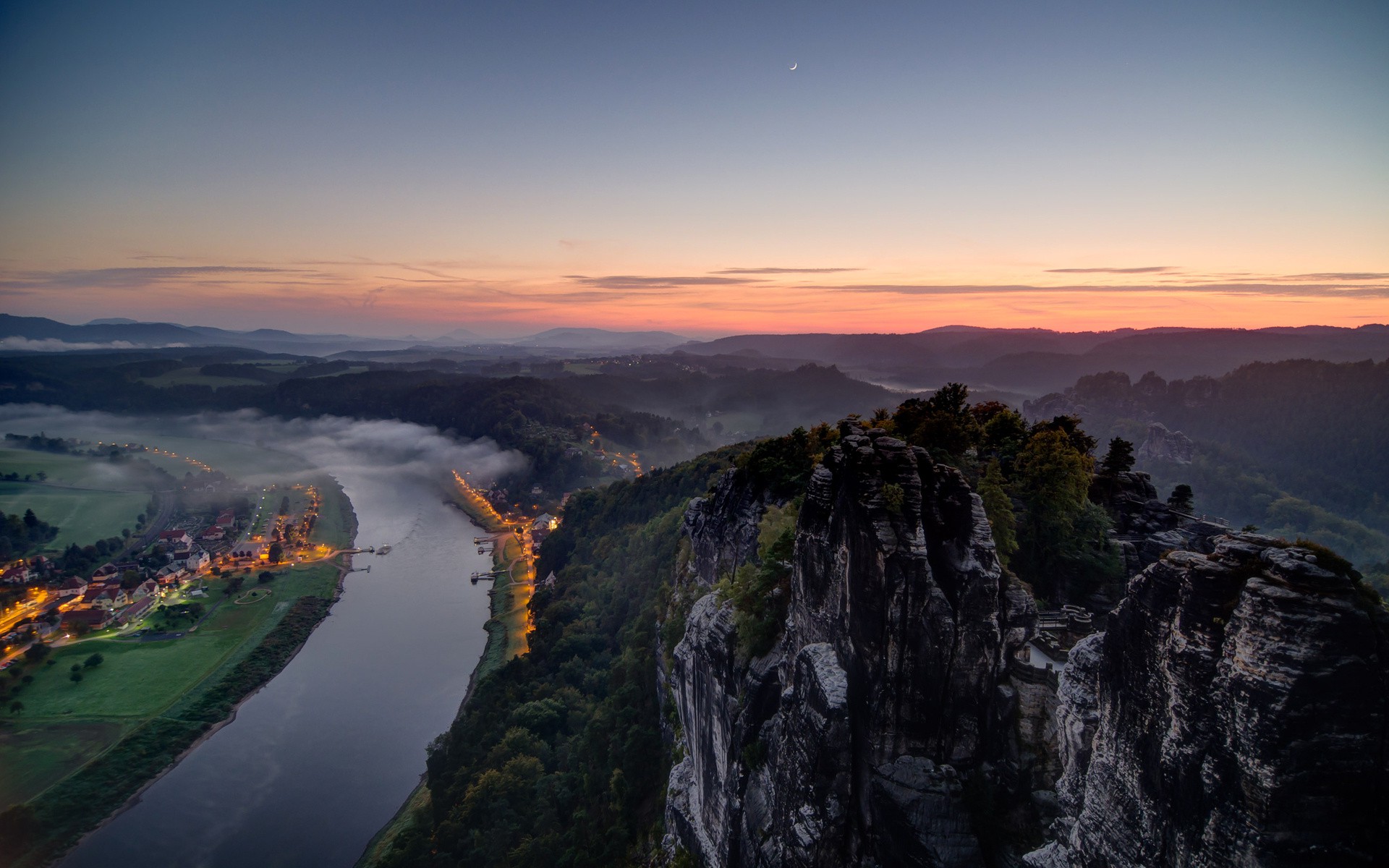 River And Forest Sunset Drone View Wallpapers