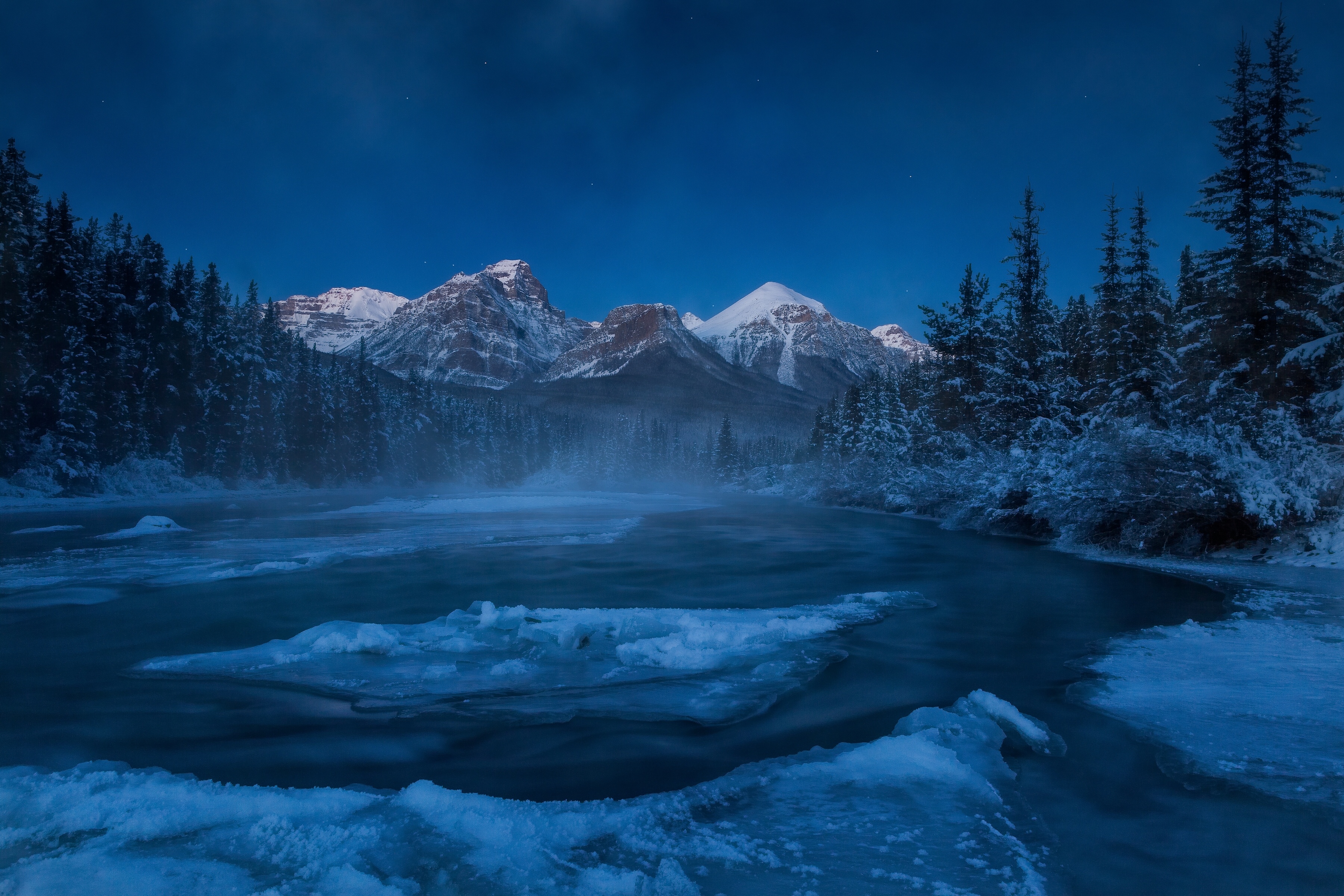 River Near Mountains In Night View Wallpapers