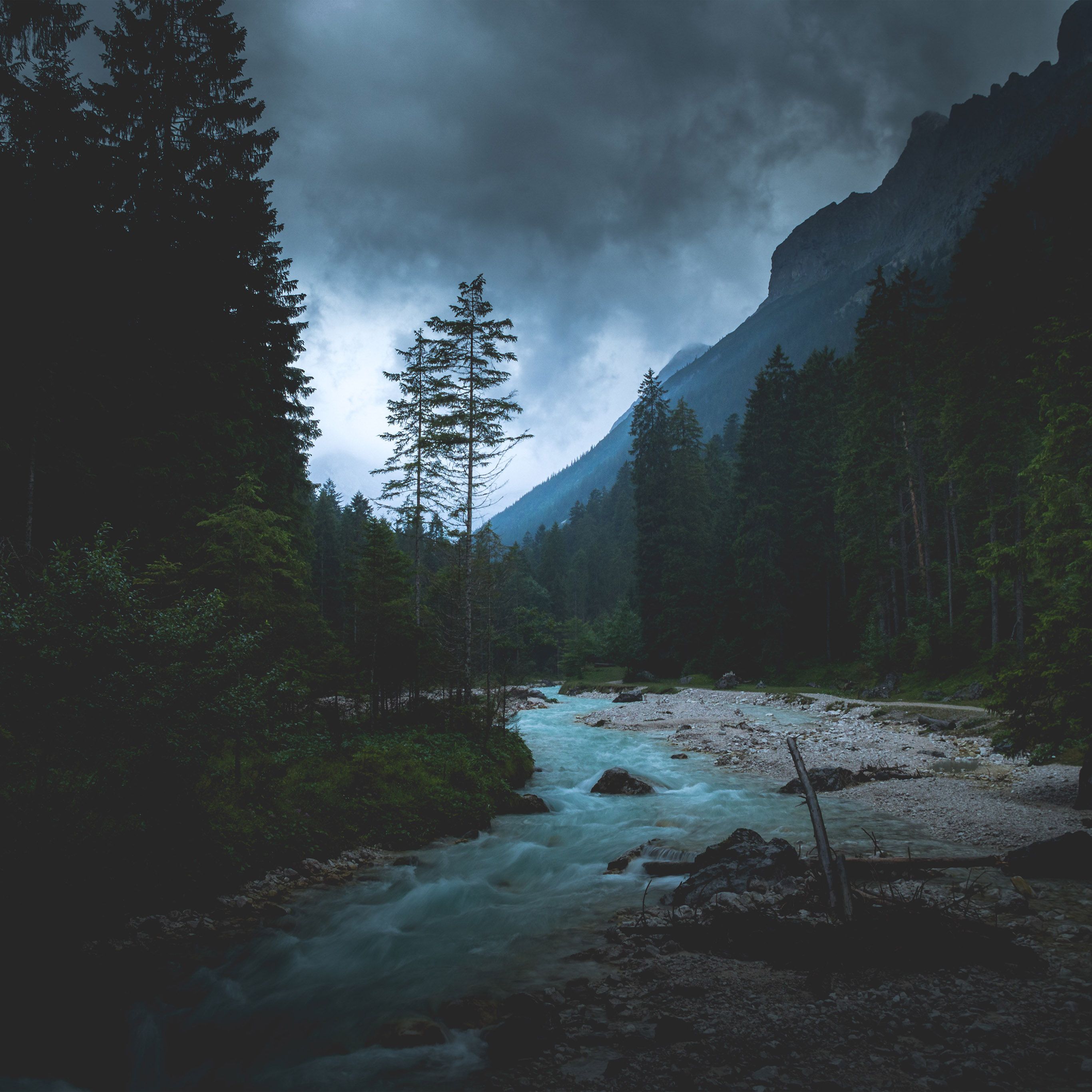 River Near Mountains In Night View Wallpapers