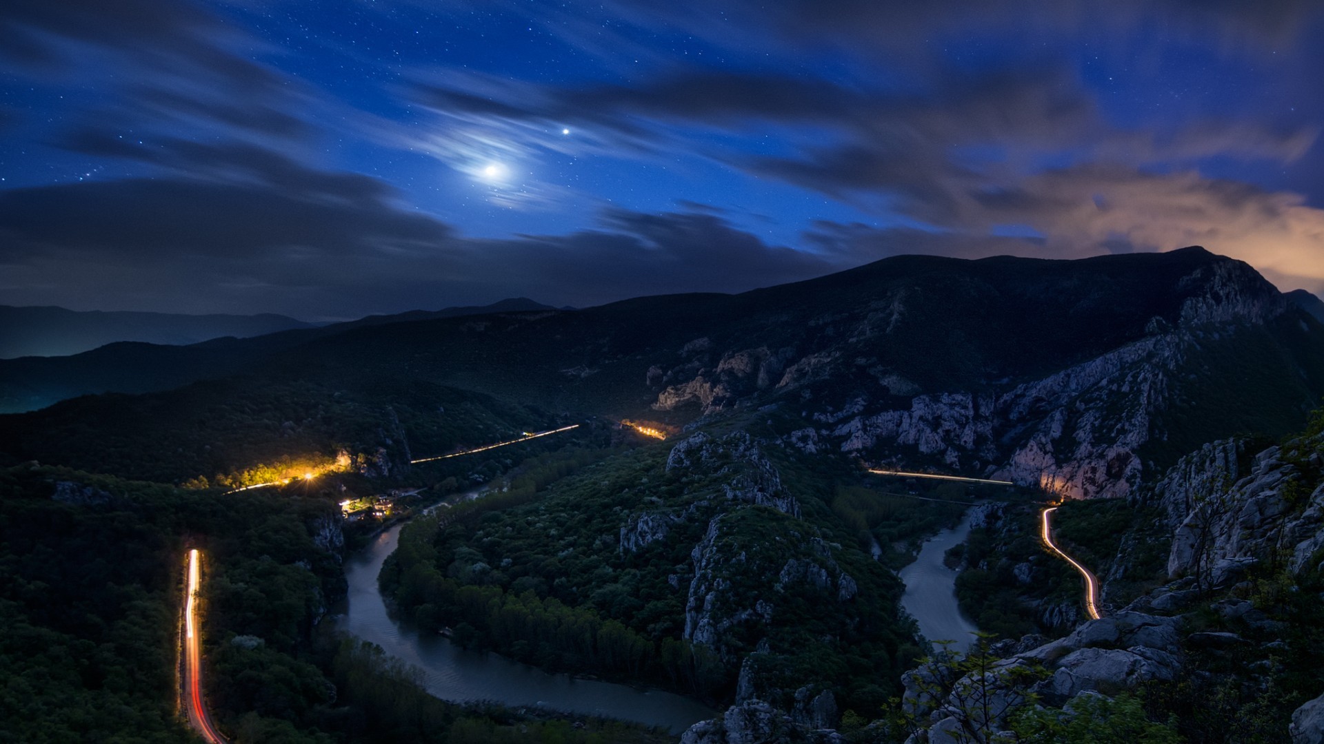 River Near Mountains In Night View Wallpapers