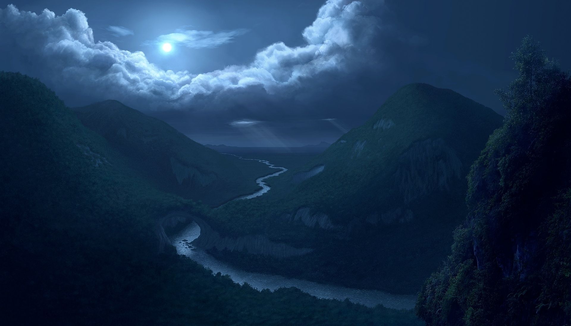 River Near Mountains In Night View Wallpapers