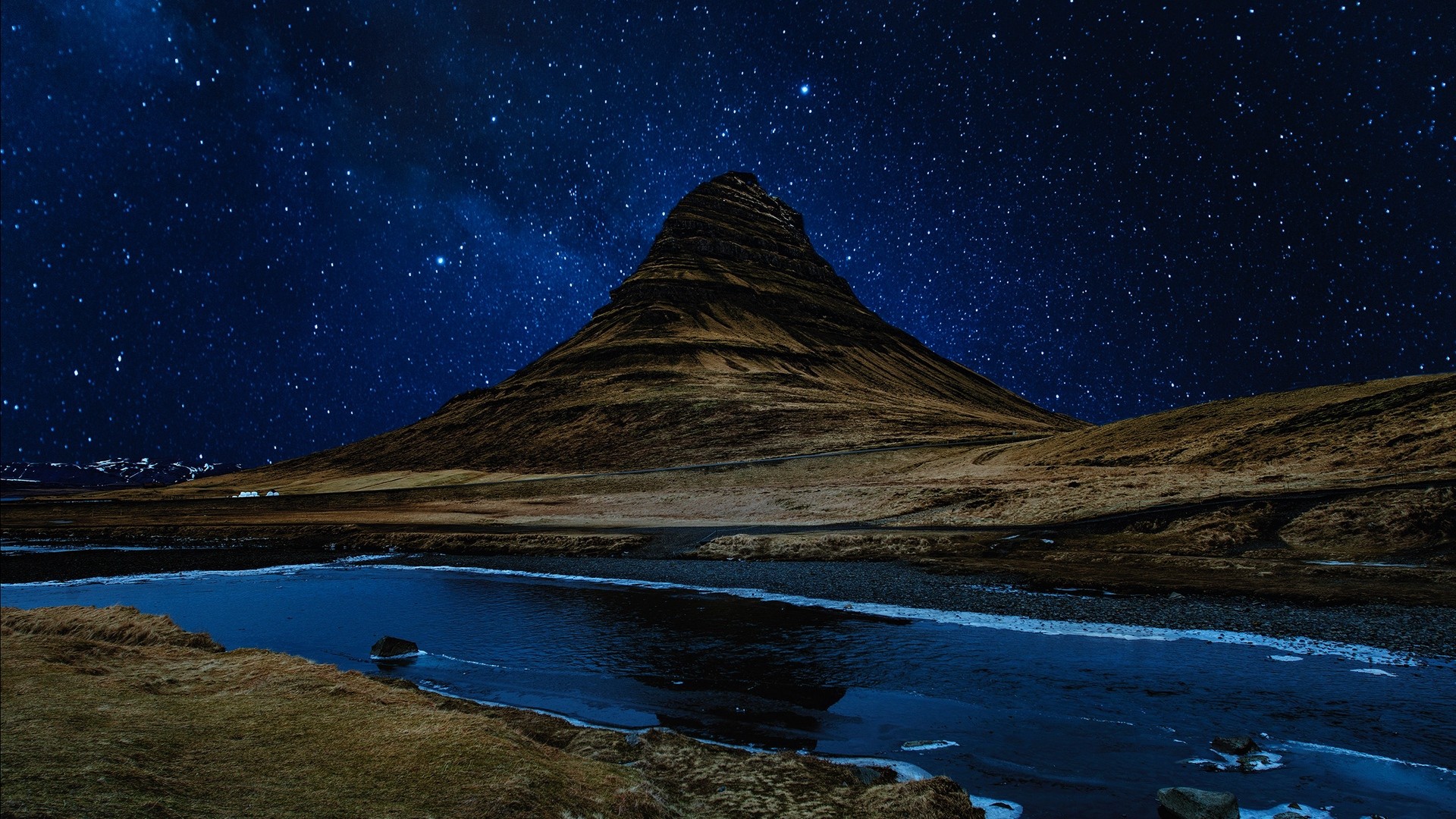 River Near Mountains In Night View Wallpapers