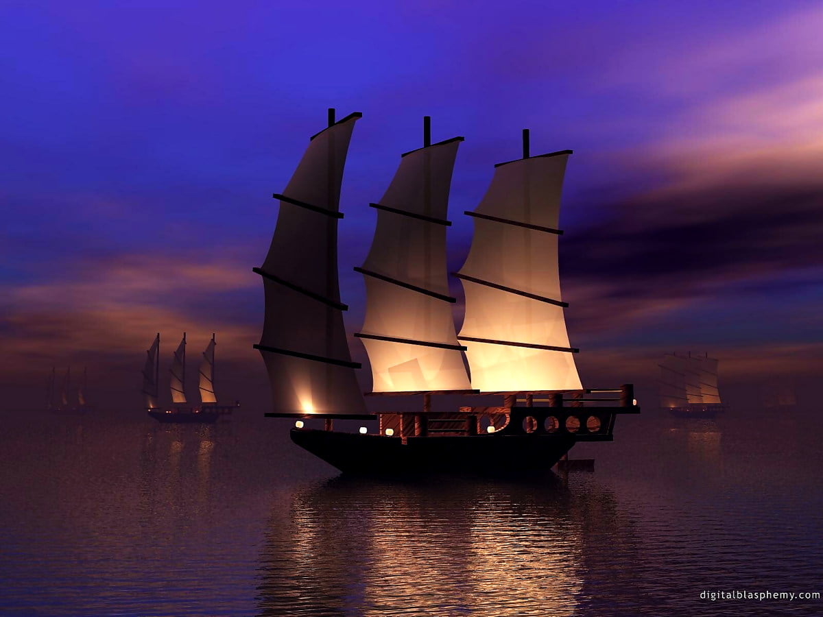 Sailing Ship In Purple Ocean Wallpapers