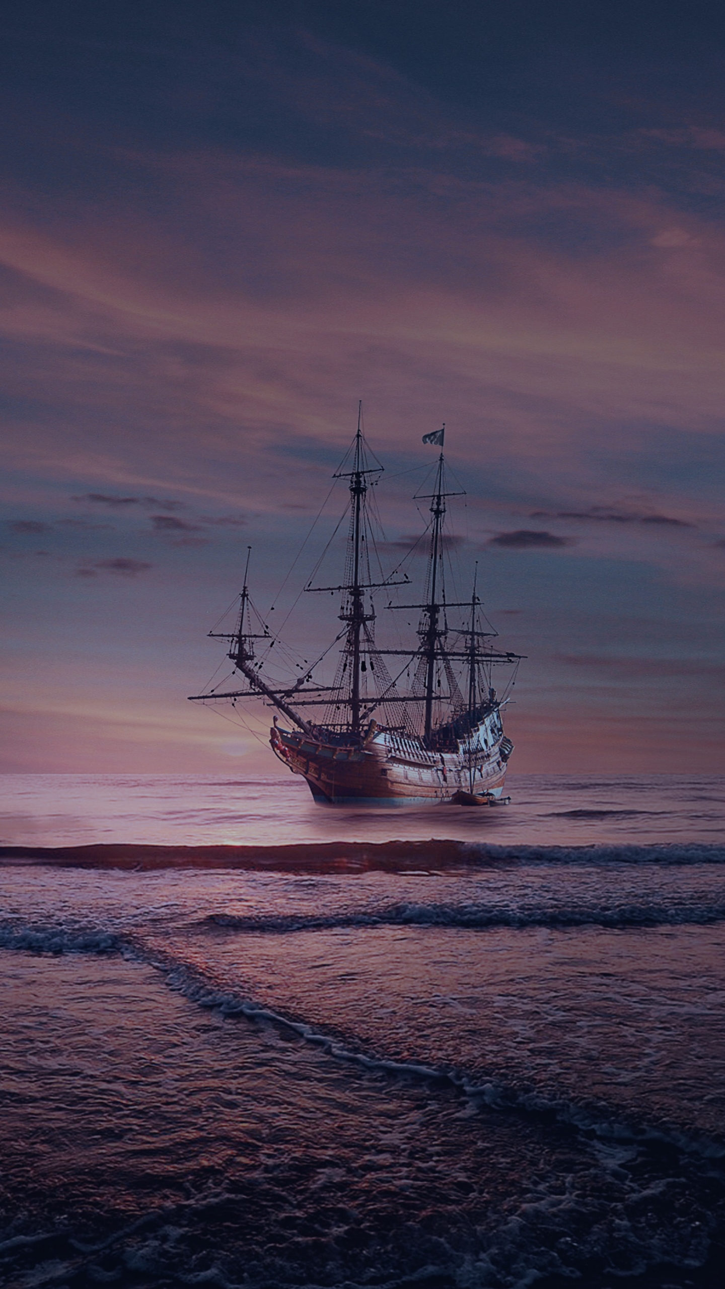 Sailing Ship In Purple Ocean Wallpapers