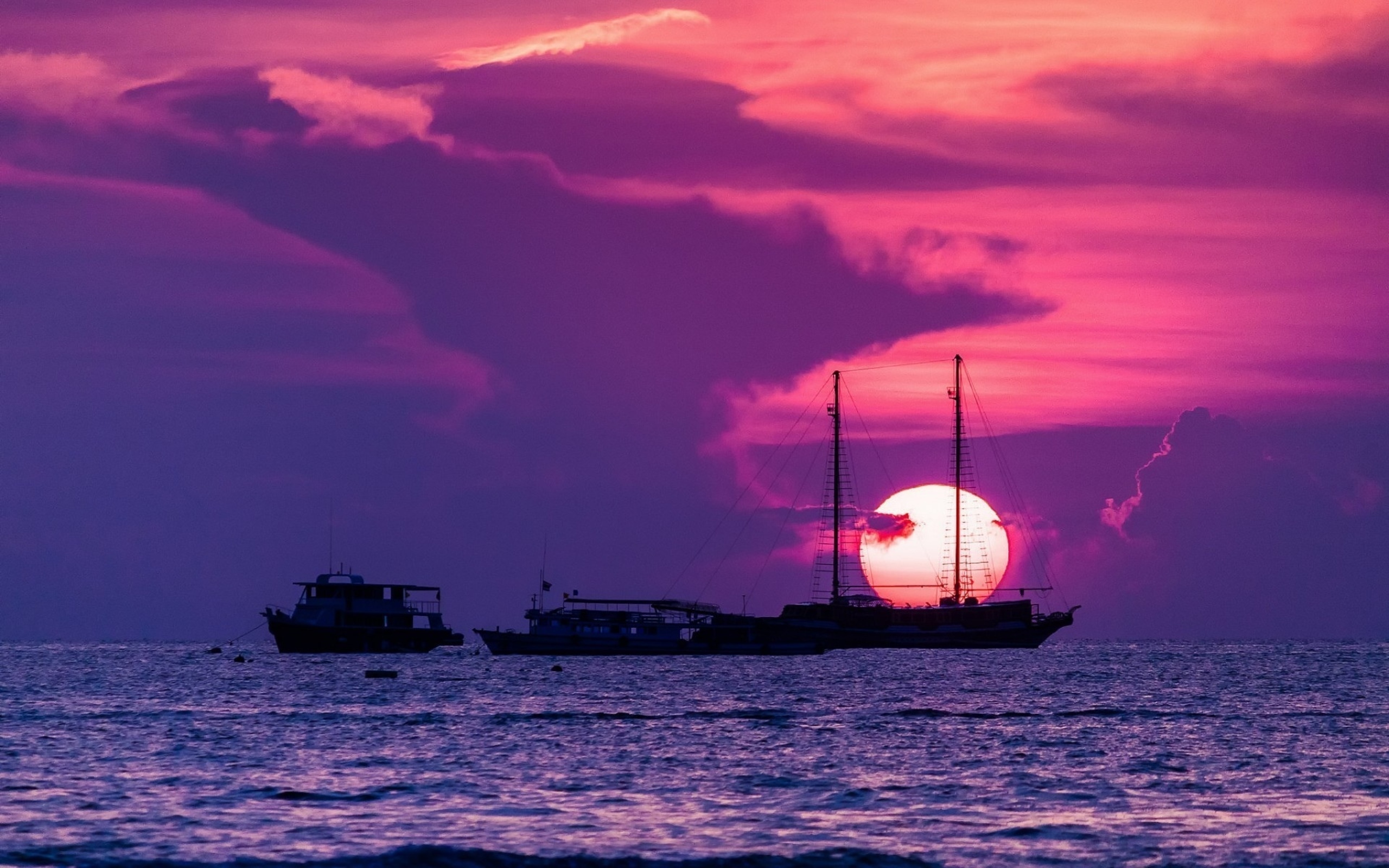 Sailing Ship In Purple Ocean Wallpapers