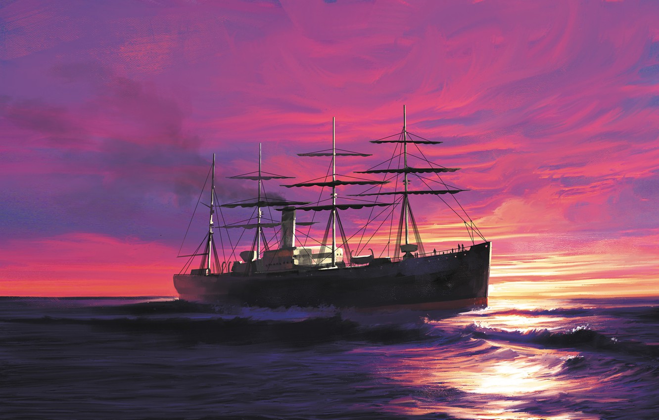 Sailing Ship In Purple Ocean Wallpapers