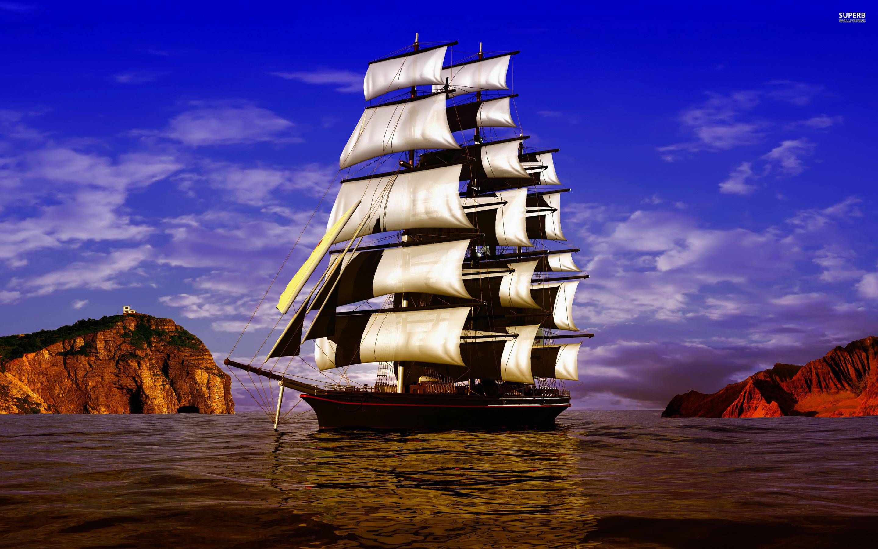 Sailing Ship In Purple Ocean Wallpapers