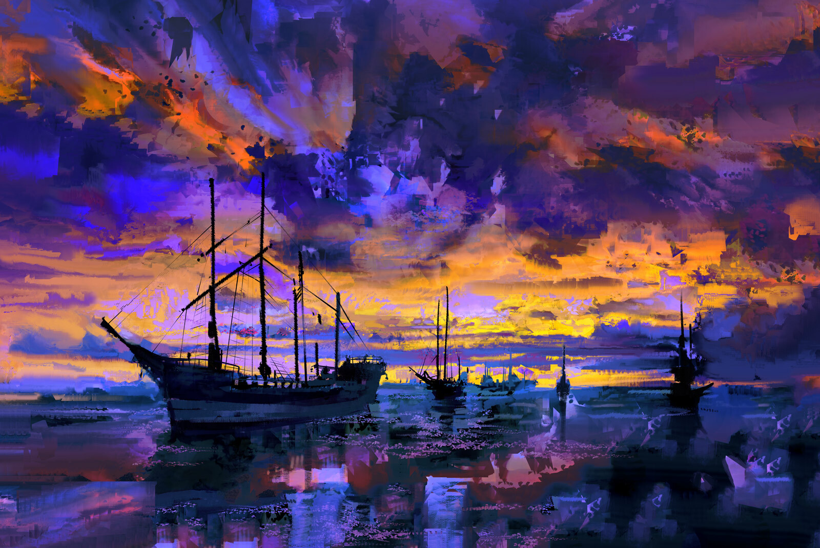 Sailing Ship In Purple Ocean Wallpapers