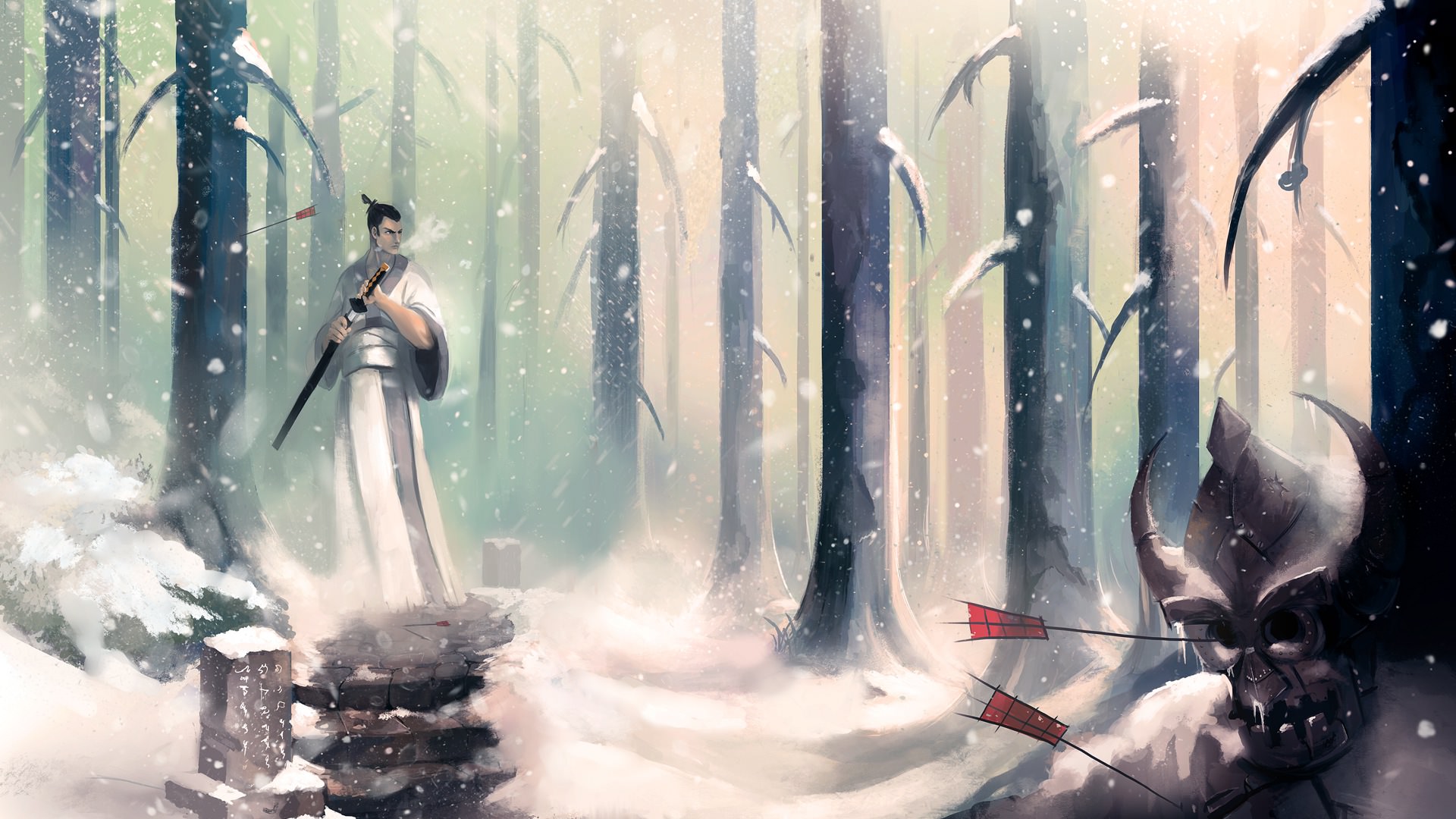 Samurai Warrior In Winter Illustration
 Wallpapers