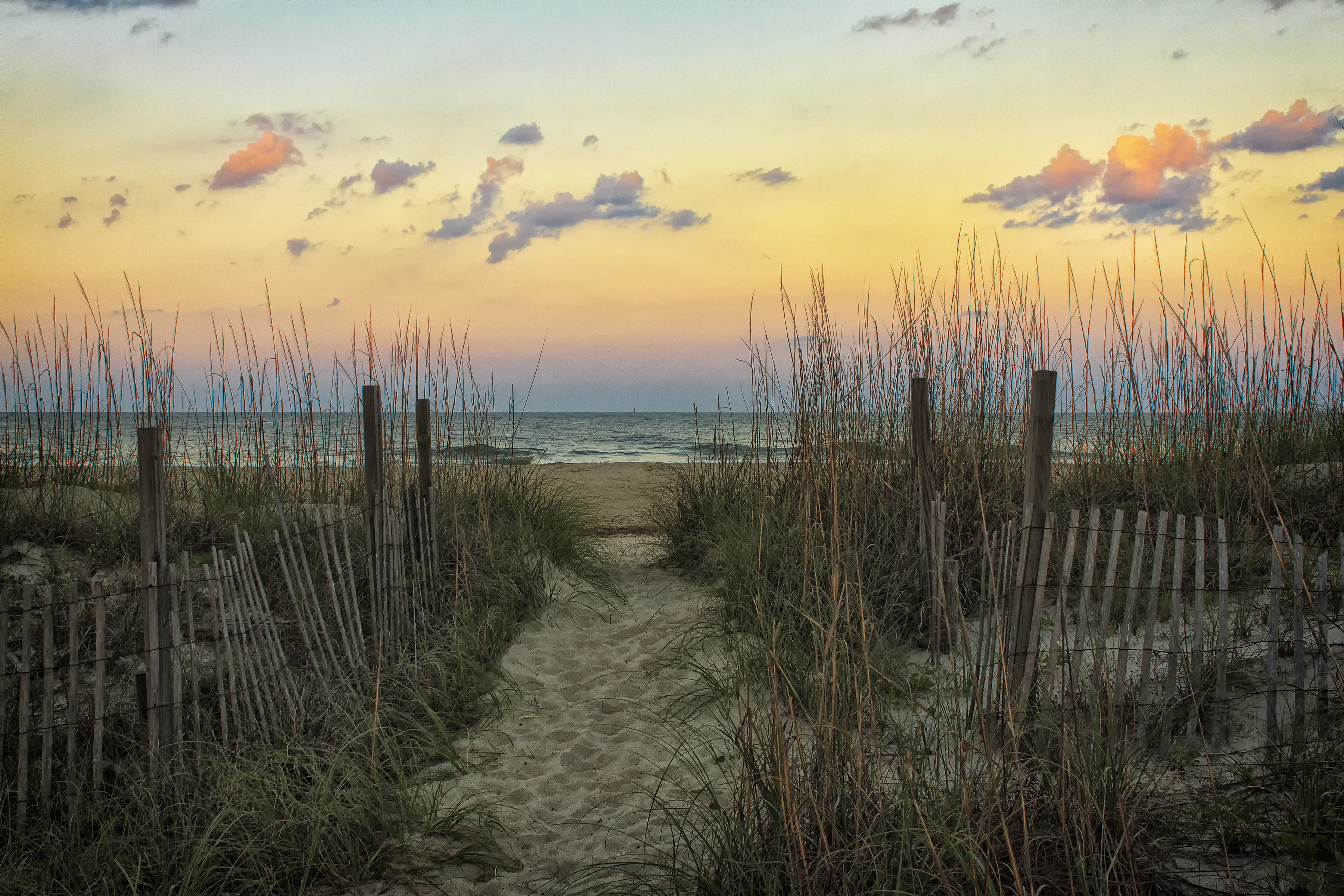 Sand And Pathway To Sea Under Cloudy Sunset Wallpapers