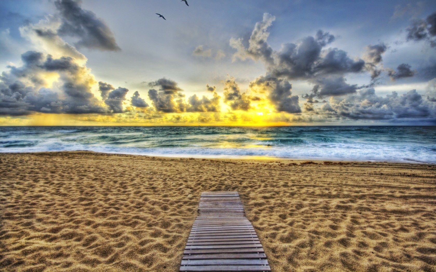 Sand And Pathway To Sea Under Cloudy Sunset Wallpapers