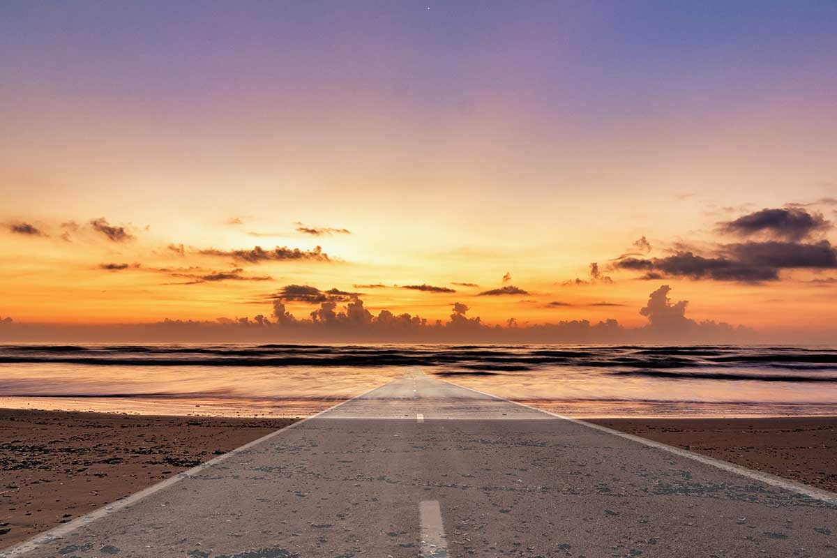 Sand And Pathway To Sea Under Cloudy Sunset Wallpapers