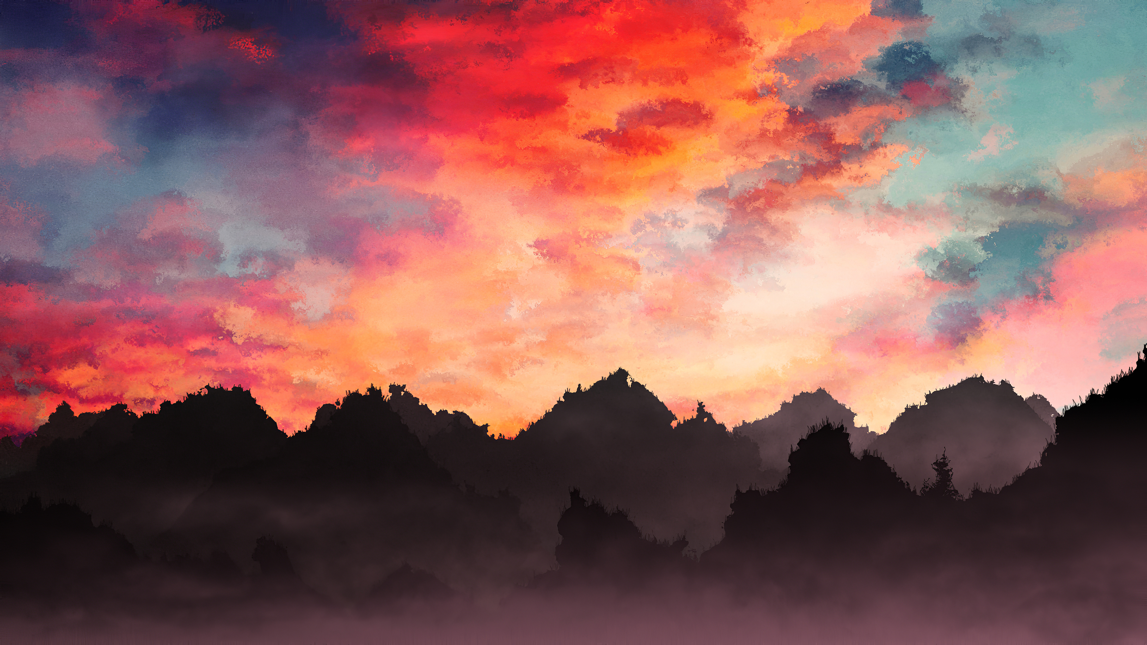 Scenery Of Mountain And Cloud Painting Wallpapers