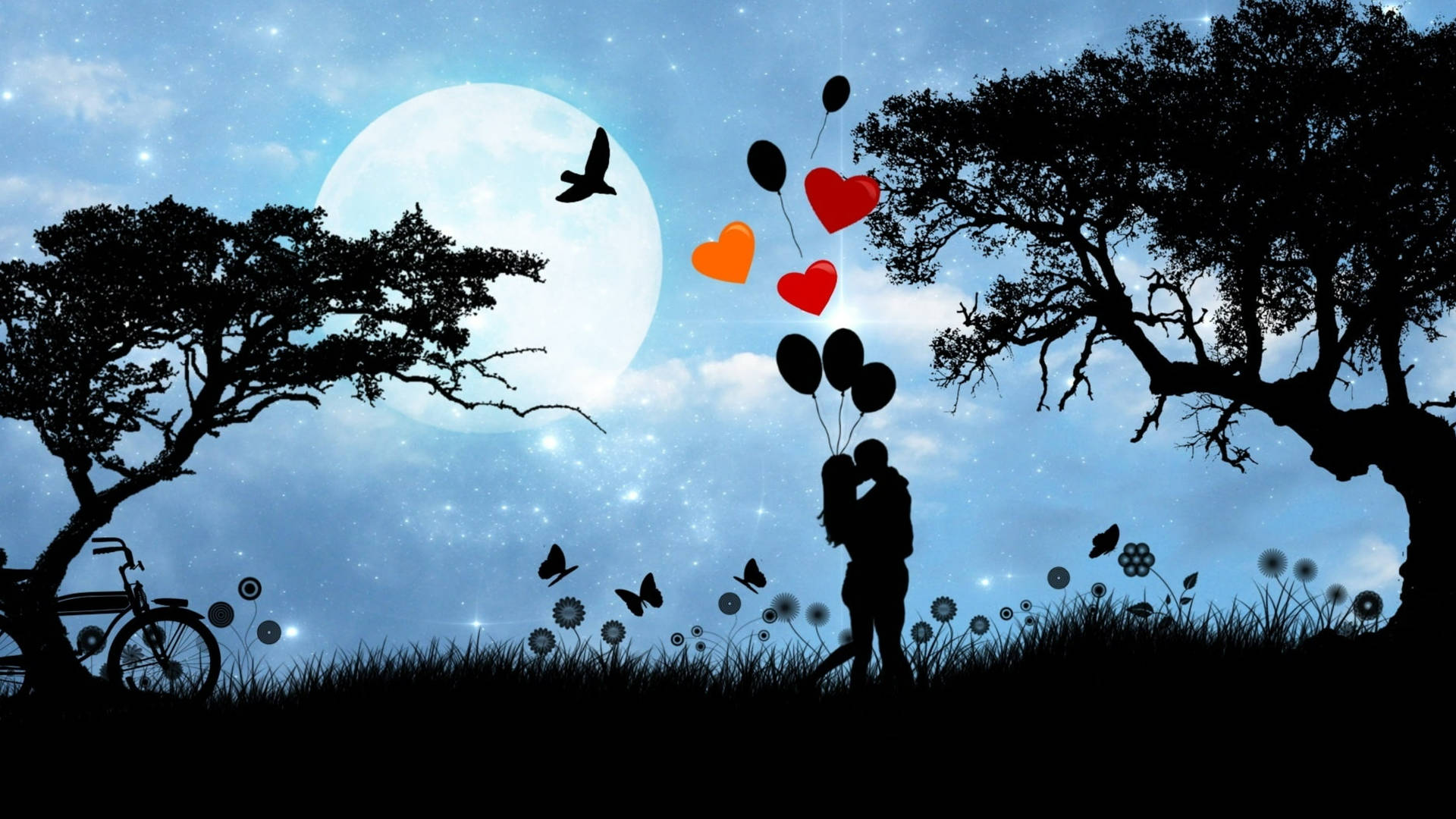 Silhouettes Couple Near Moon Wallpapers