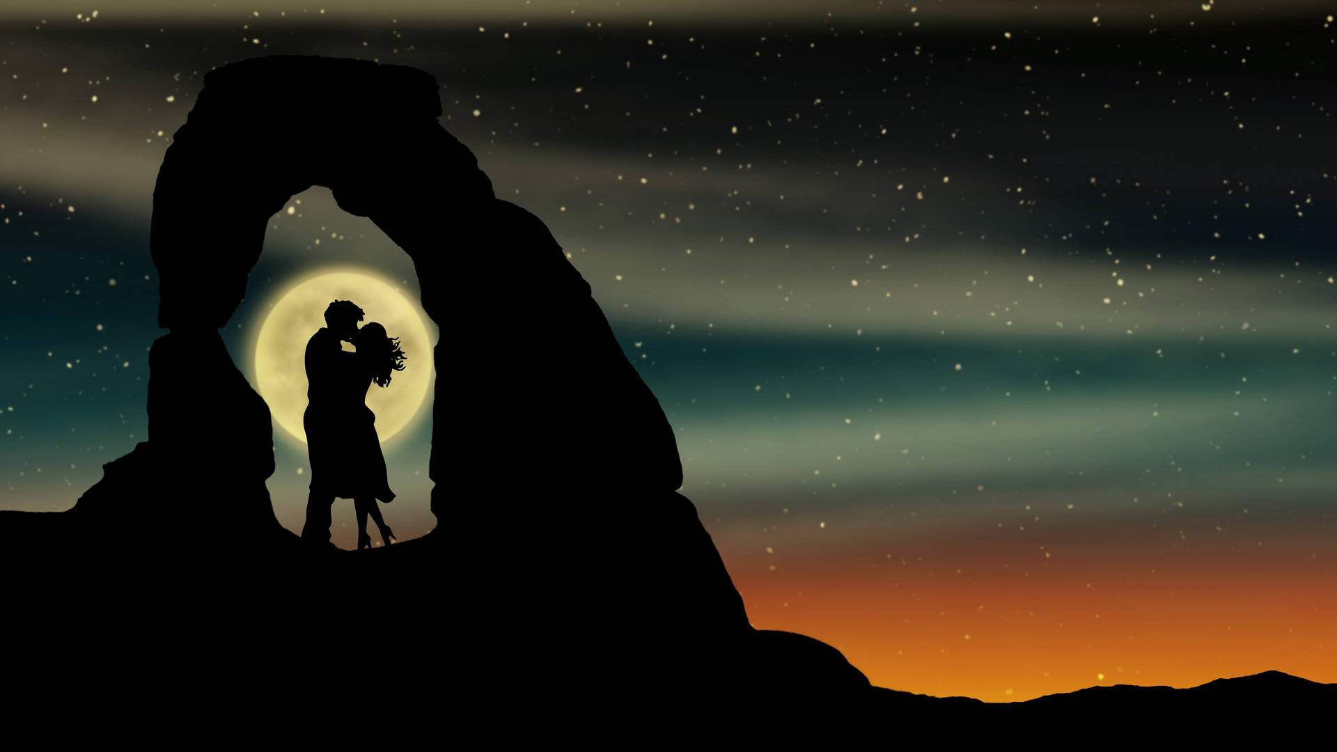 Silhouettes Couple Near Moon Wallpapers