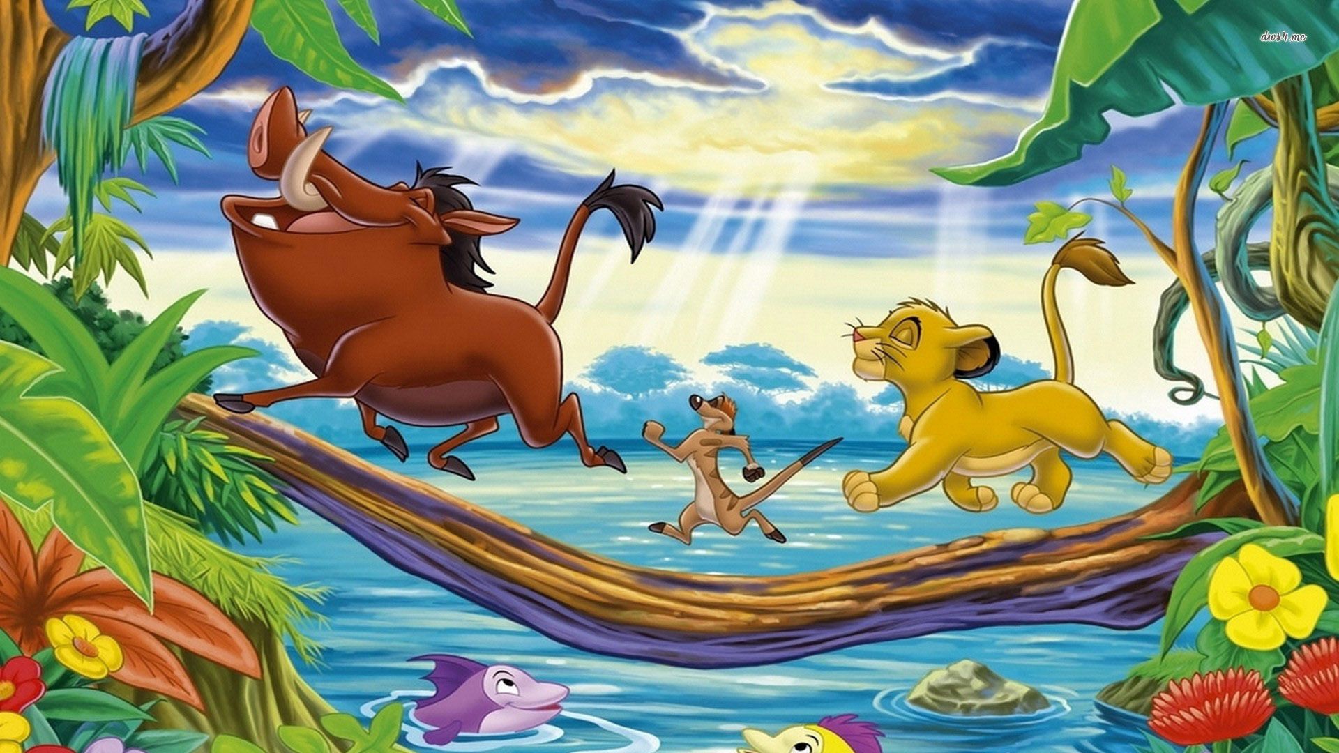 Simba Pumbaa And Timon On Log Wallpapers