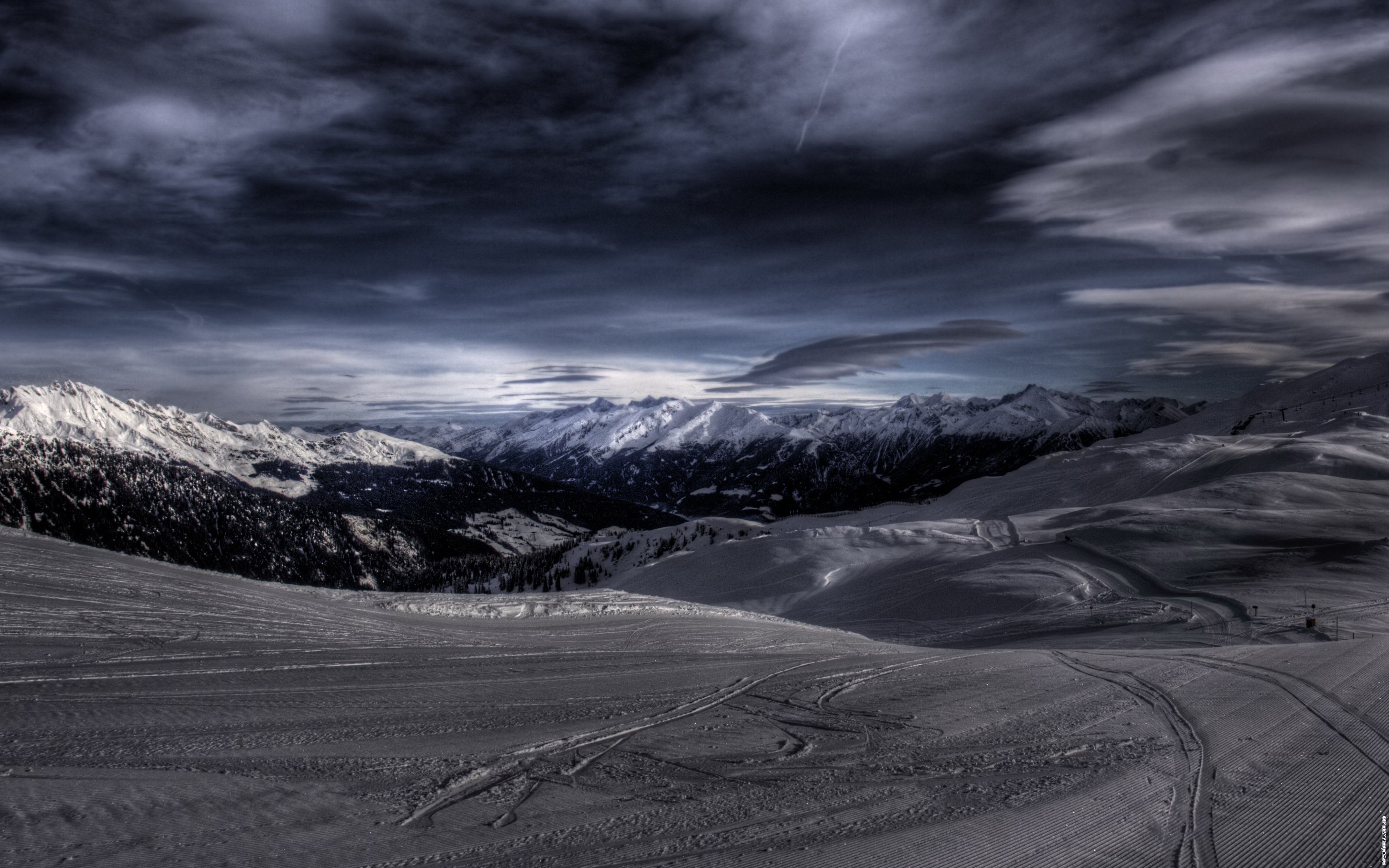 Snow Covered Mountains Under Black Cloudy Sky Wallpapers