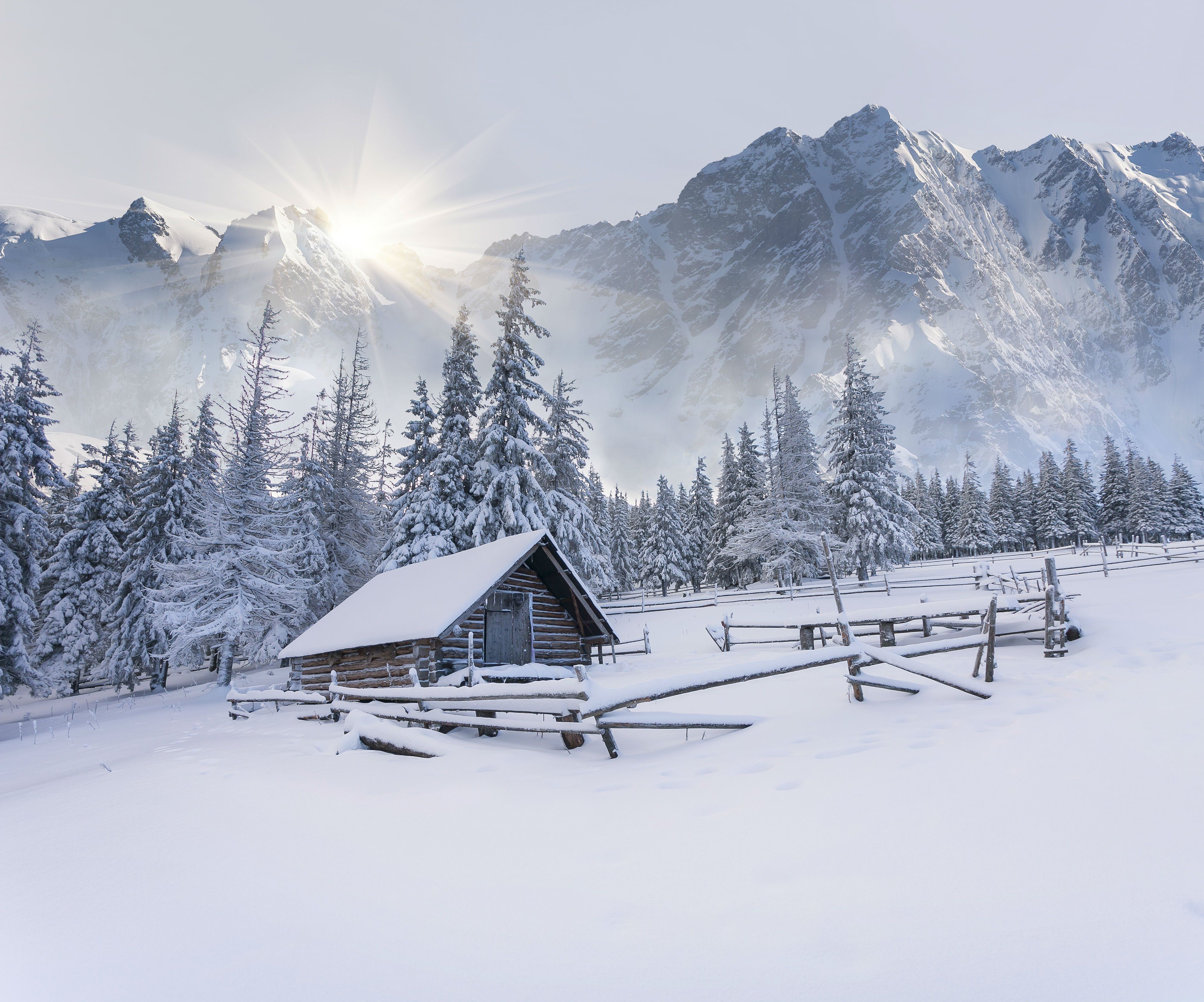 Snowy House In Mountains 4K Wallpapers