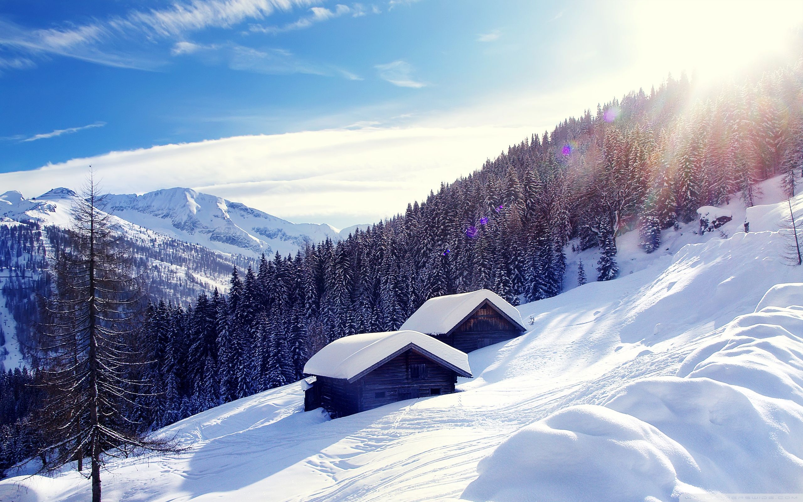 Snowy House In Mountains 4K Wallpapers