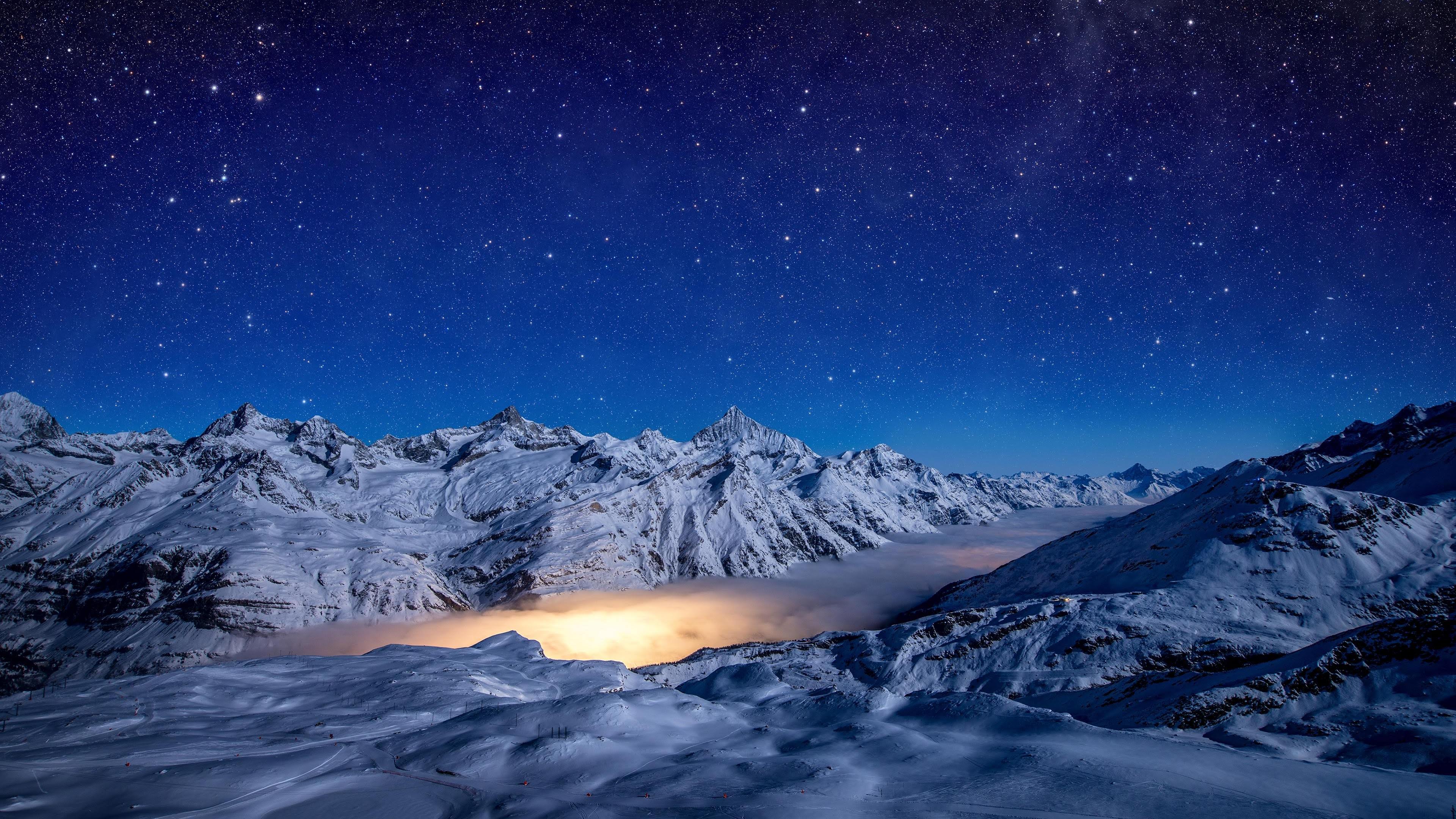 Snowy Mountains At Starry Night Wallpapers