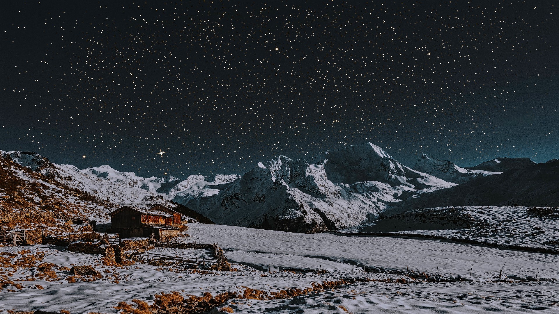 Snowy Mountains At Starry Night Wallpapers