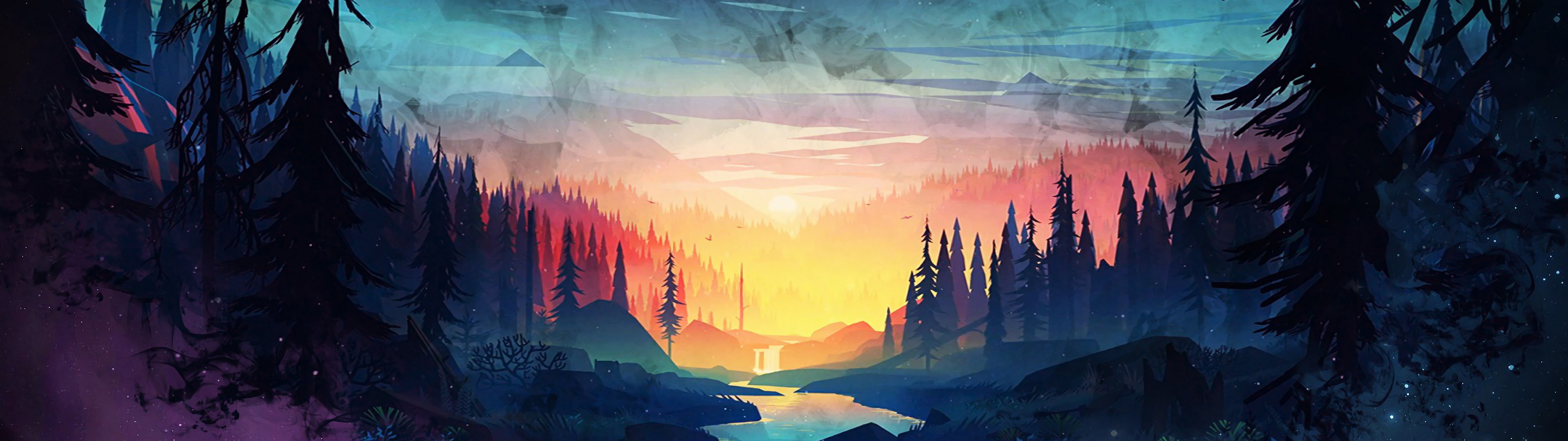Sunrise In Forest Landscape Illustrate Wallpapers