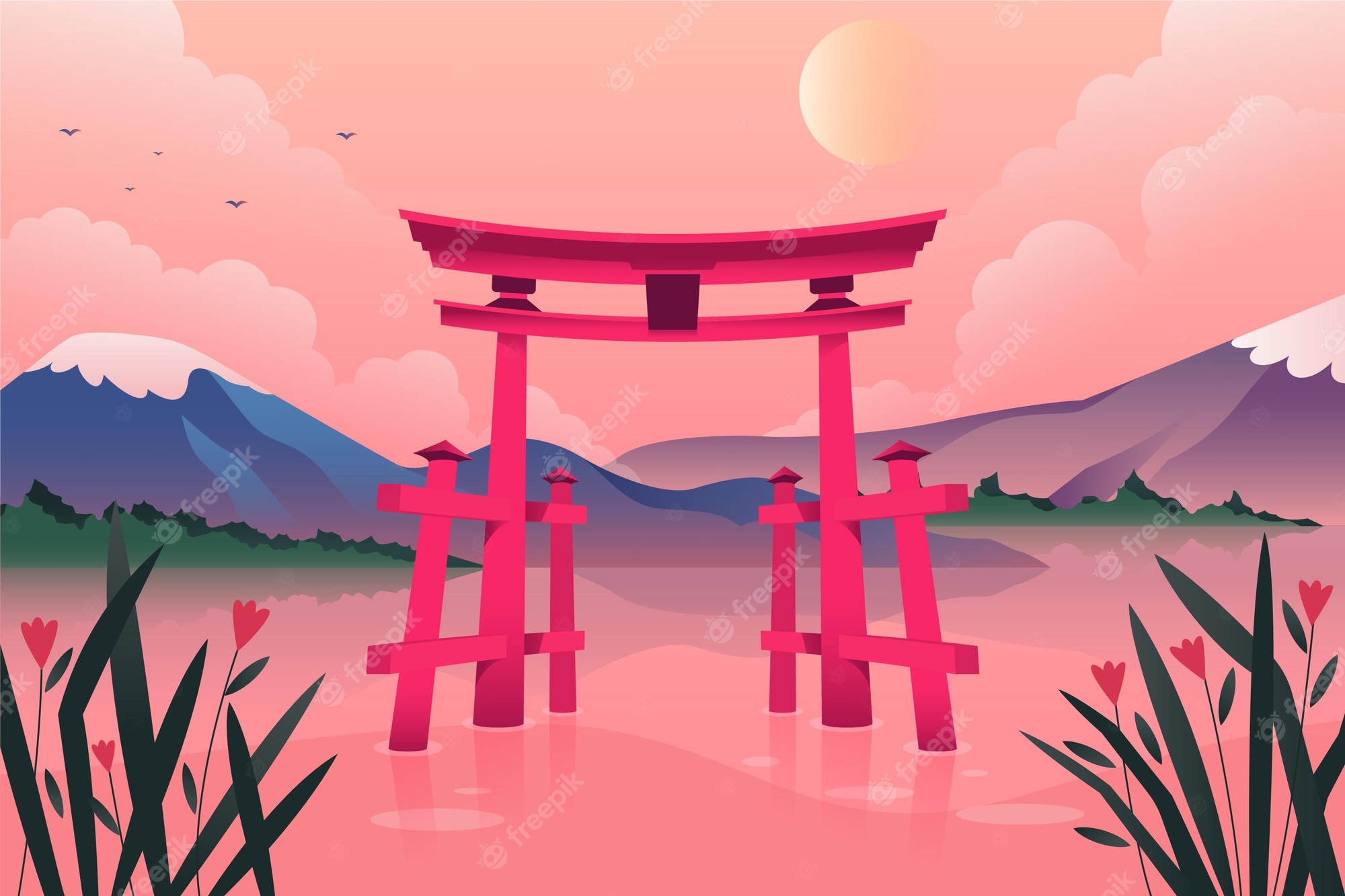 Sunset Art And Walking Under Torii Wallpapers