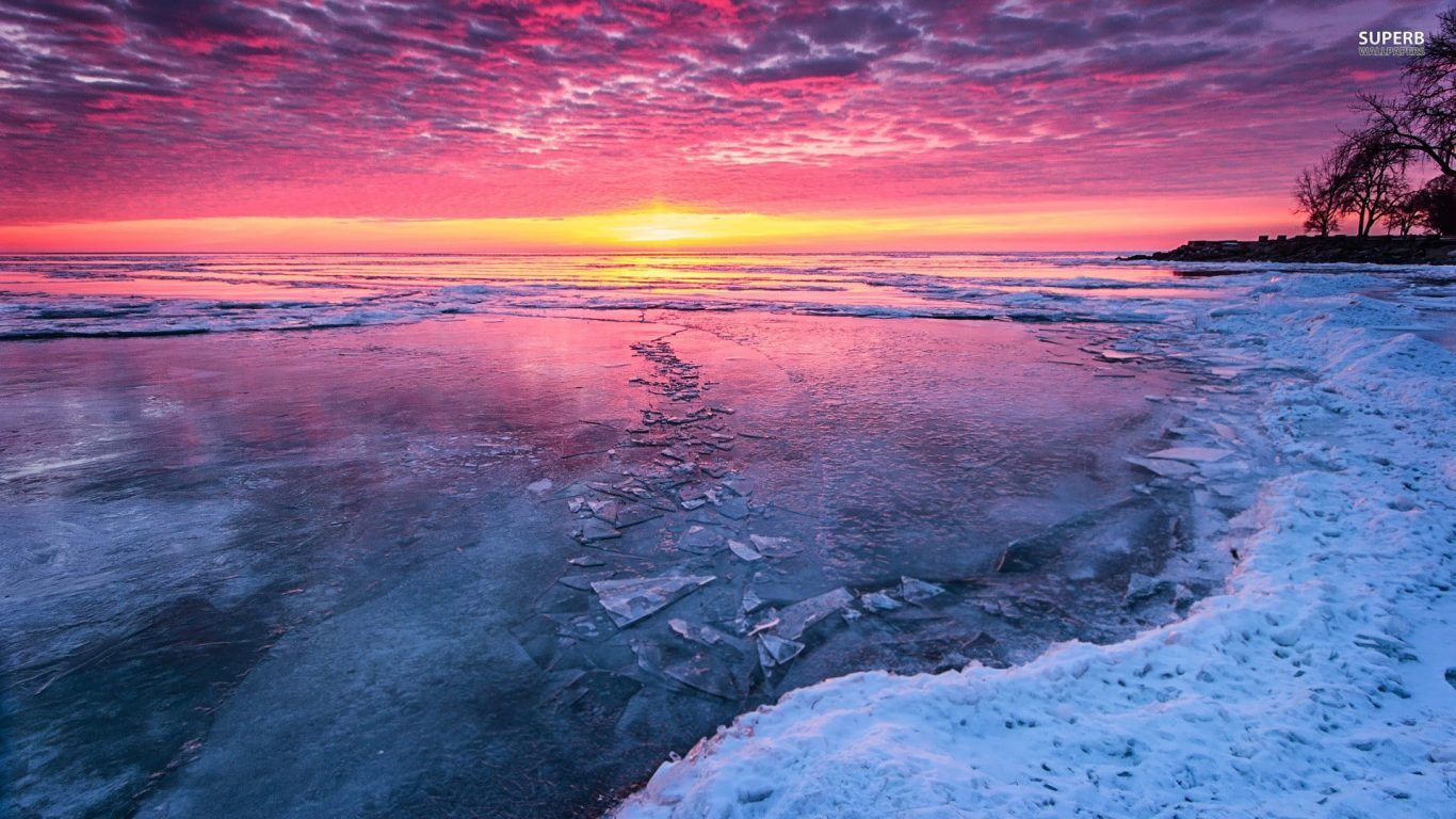 Sunset Beach Snow Mountains Wallpapers