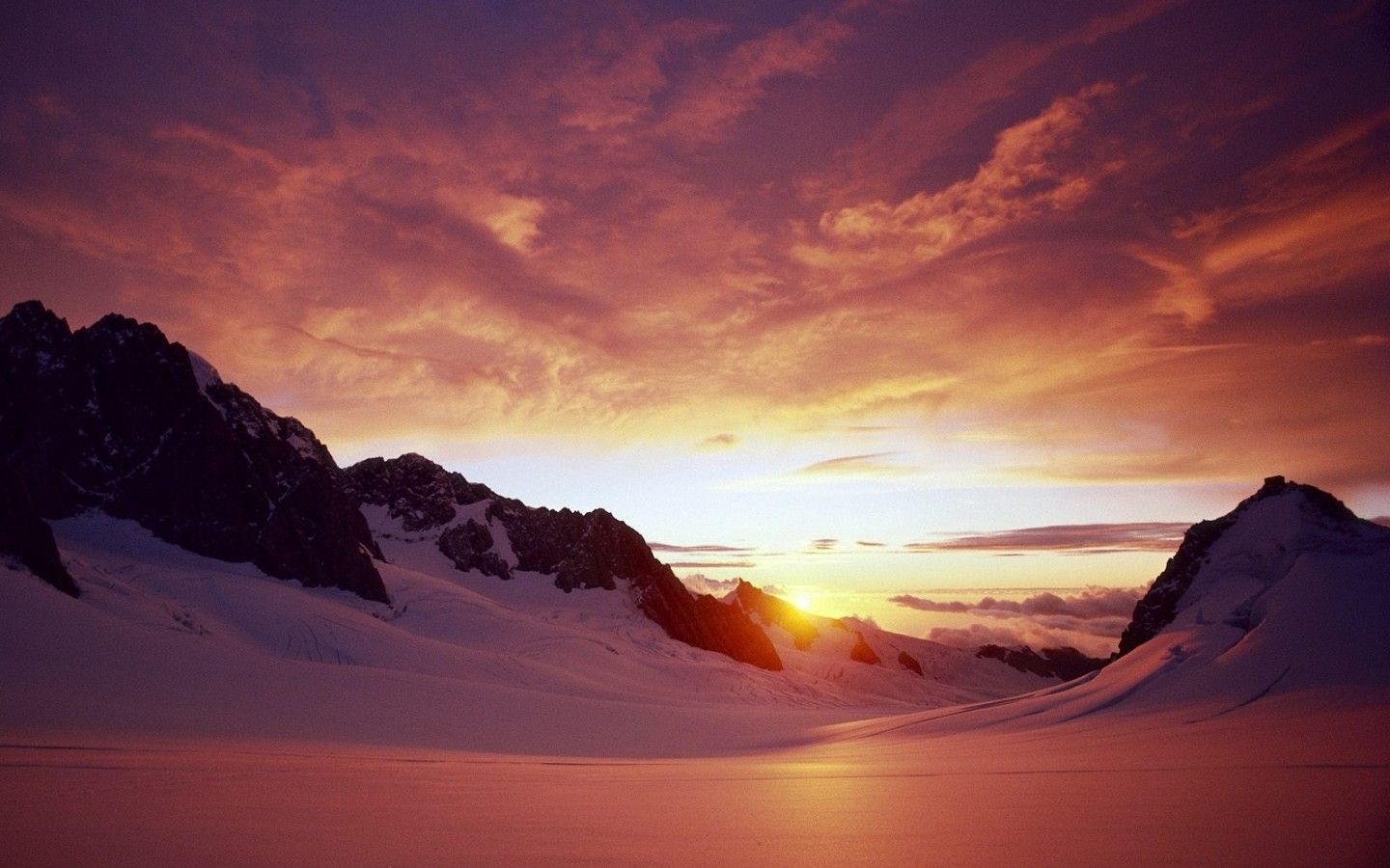 Sunset Beach Snow Mountains Wallpapers