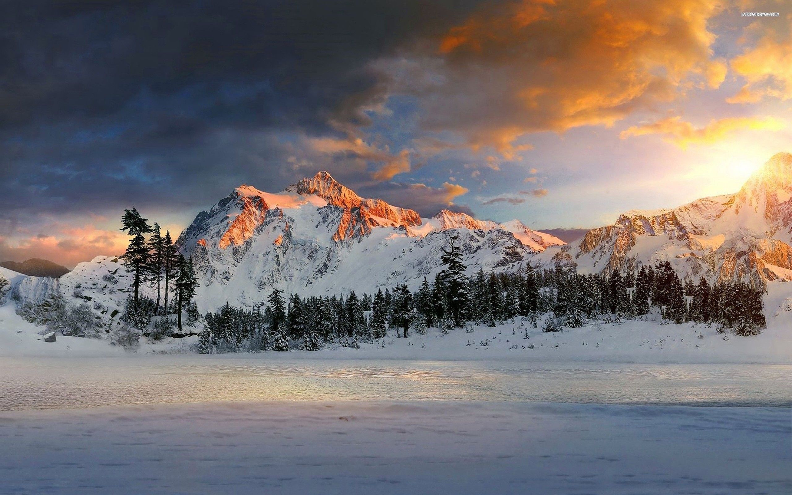 Sunset Beach Snow Mountains Wallpapers