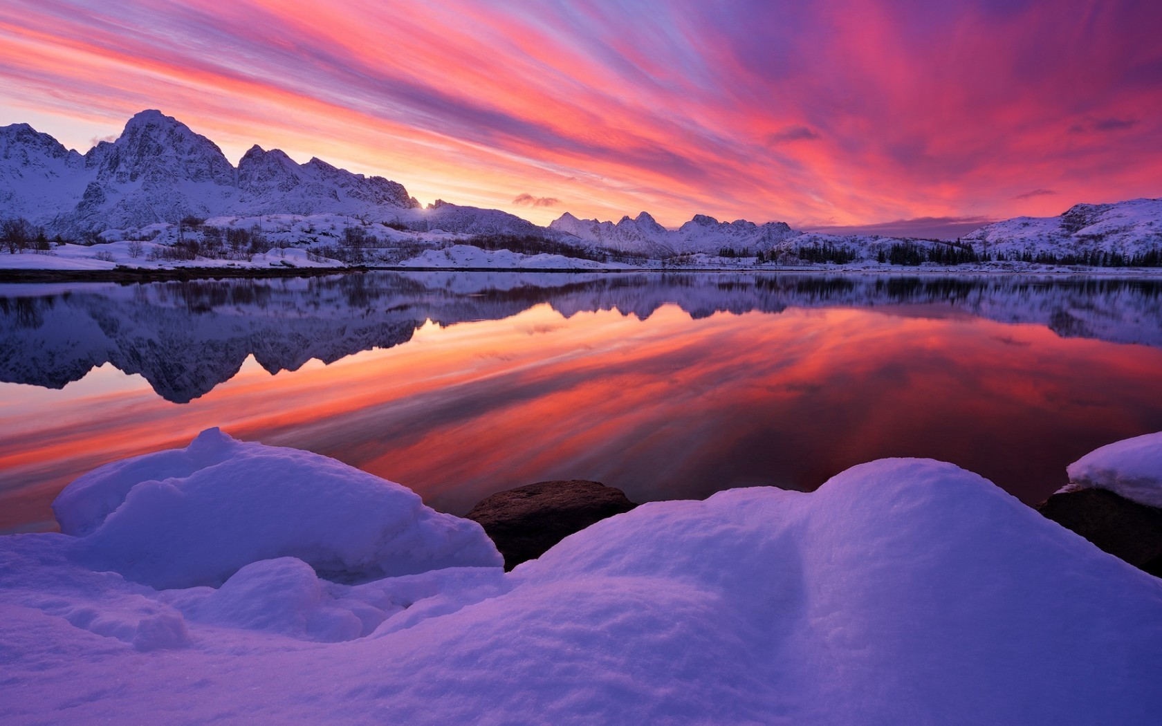 Sunset Beach Snow Mountains Wallpapers