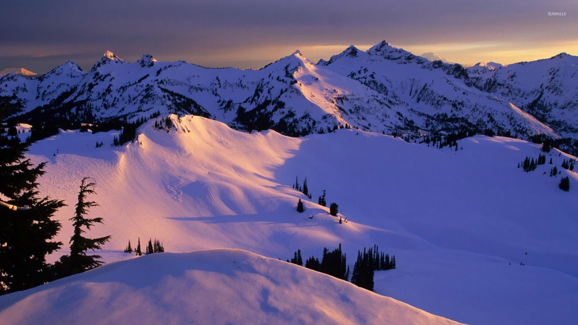 Sunset Beach Snow Mountains Wallpapers