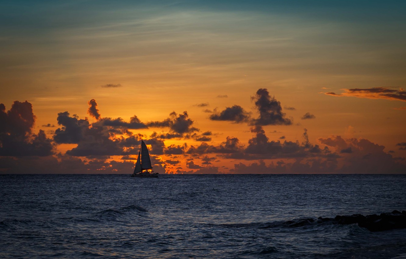 Sunset Boat Sail Orange Cloud And Sea Wallpapers