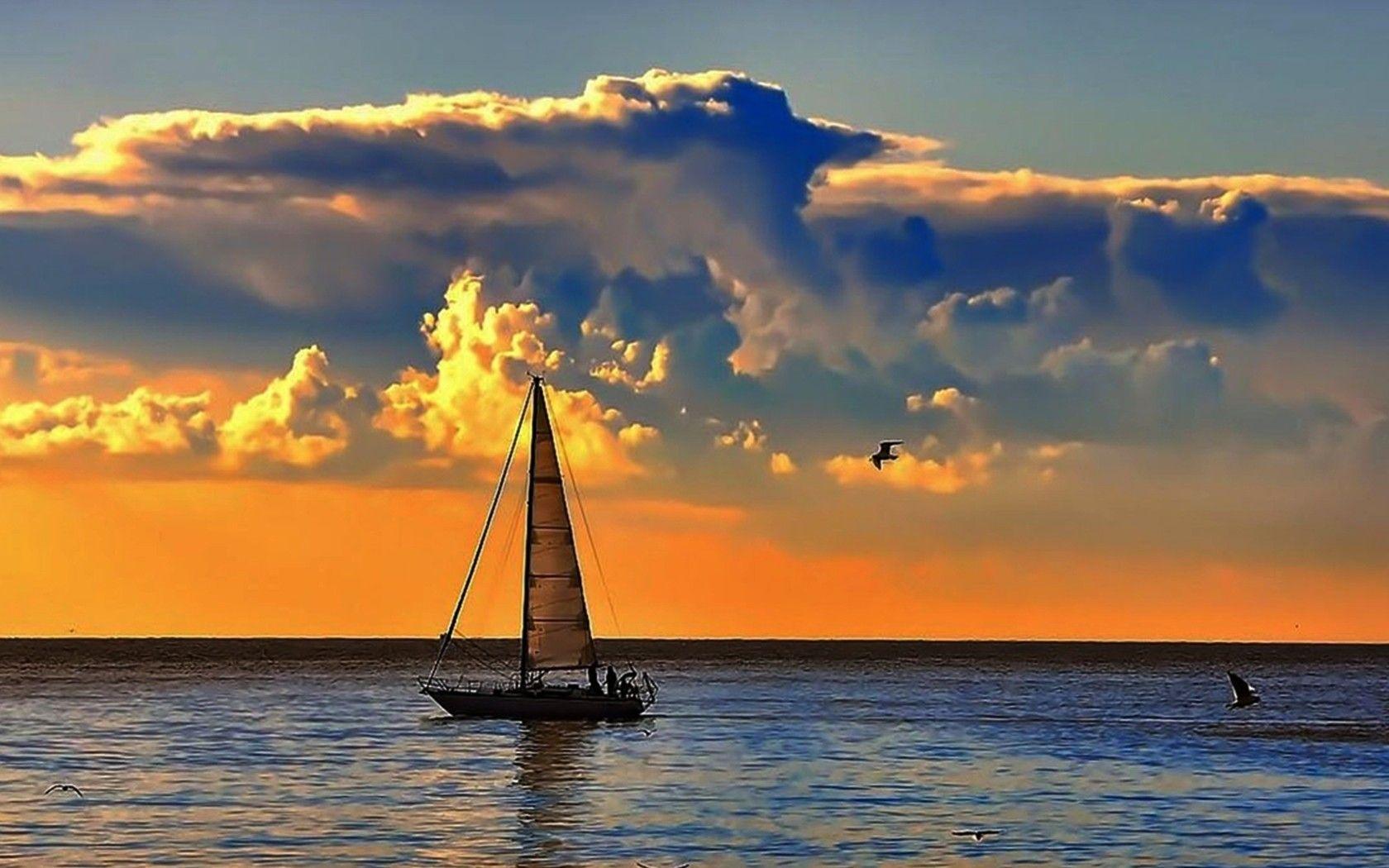 Sunset Boat Sail Orange Cloud And Sea Wallpapers