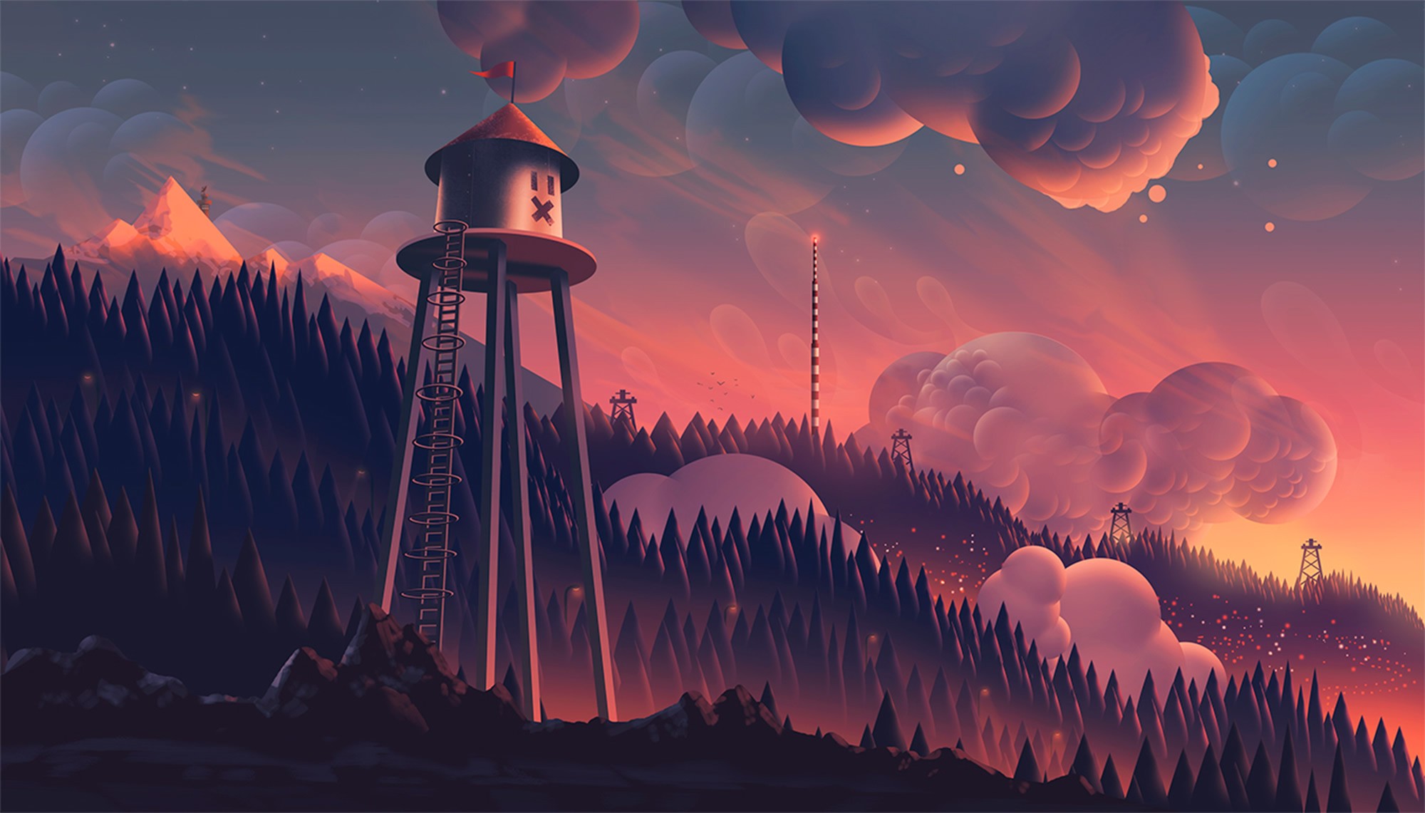 Sunset Fantasy Illustration, Light Trails Forest
 Wallpapers