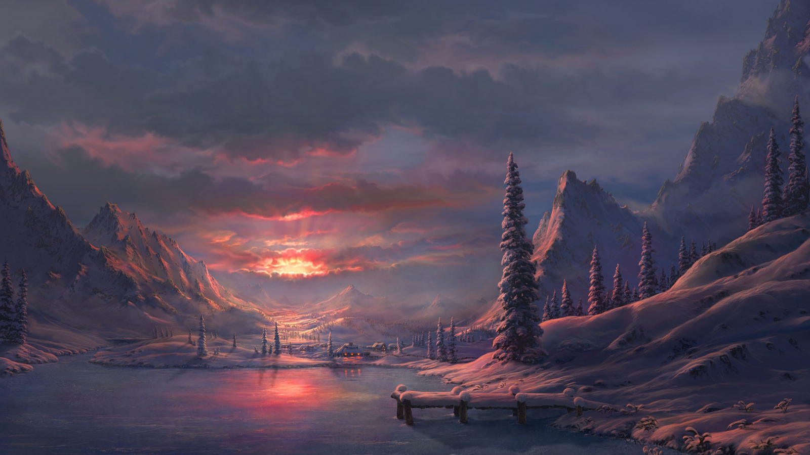 Sunset On The Lake Drawing Wallpapers