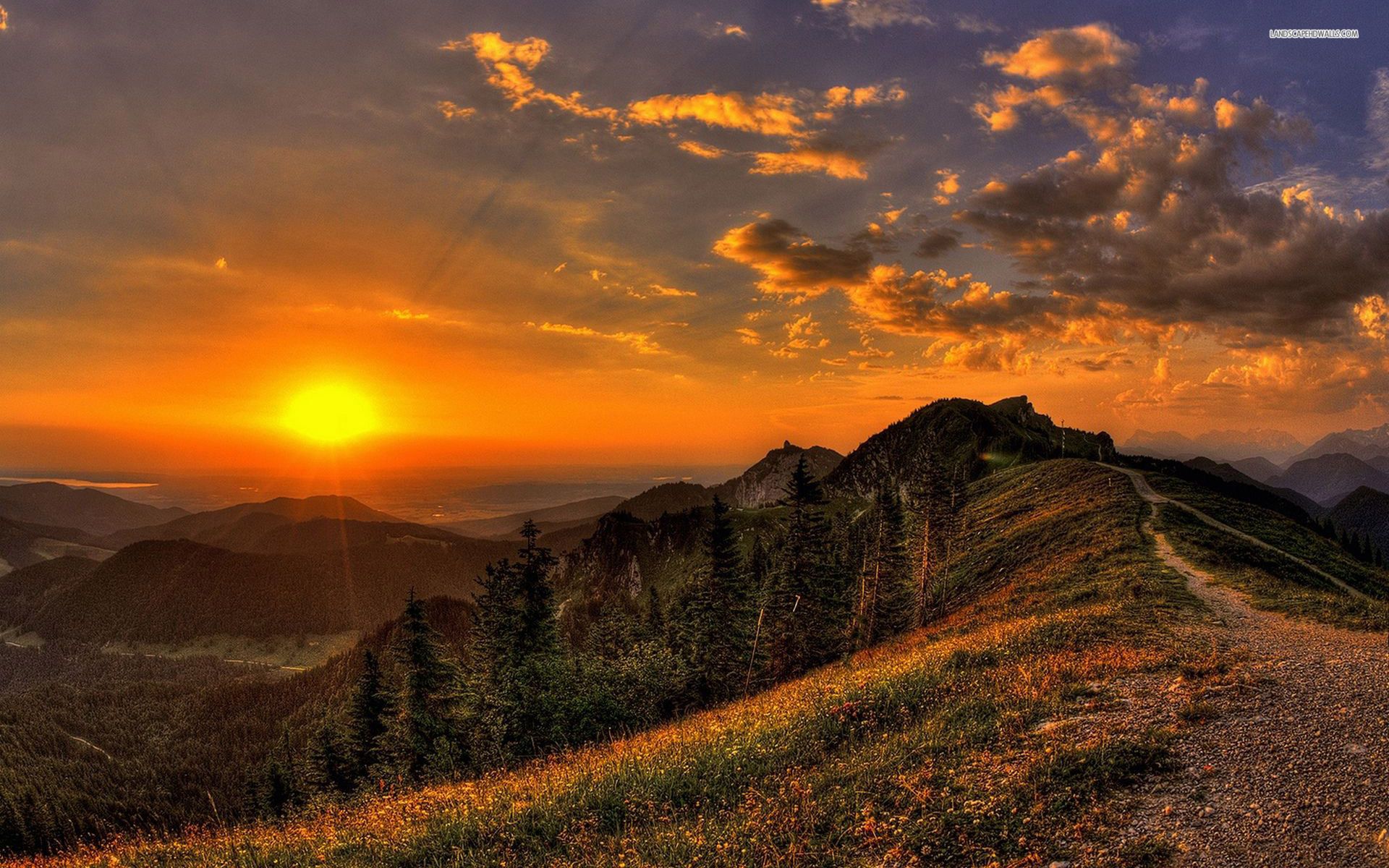 Sunset Over Mountain Field Wallpapers