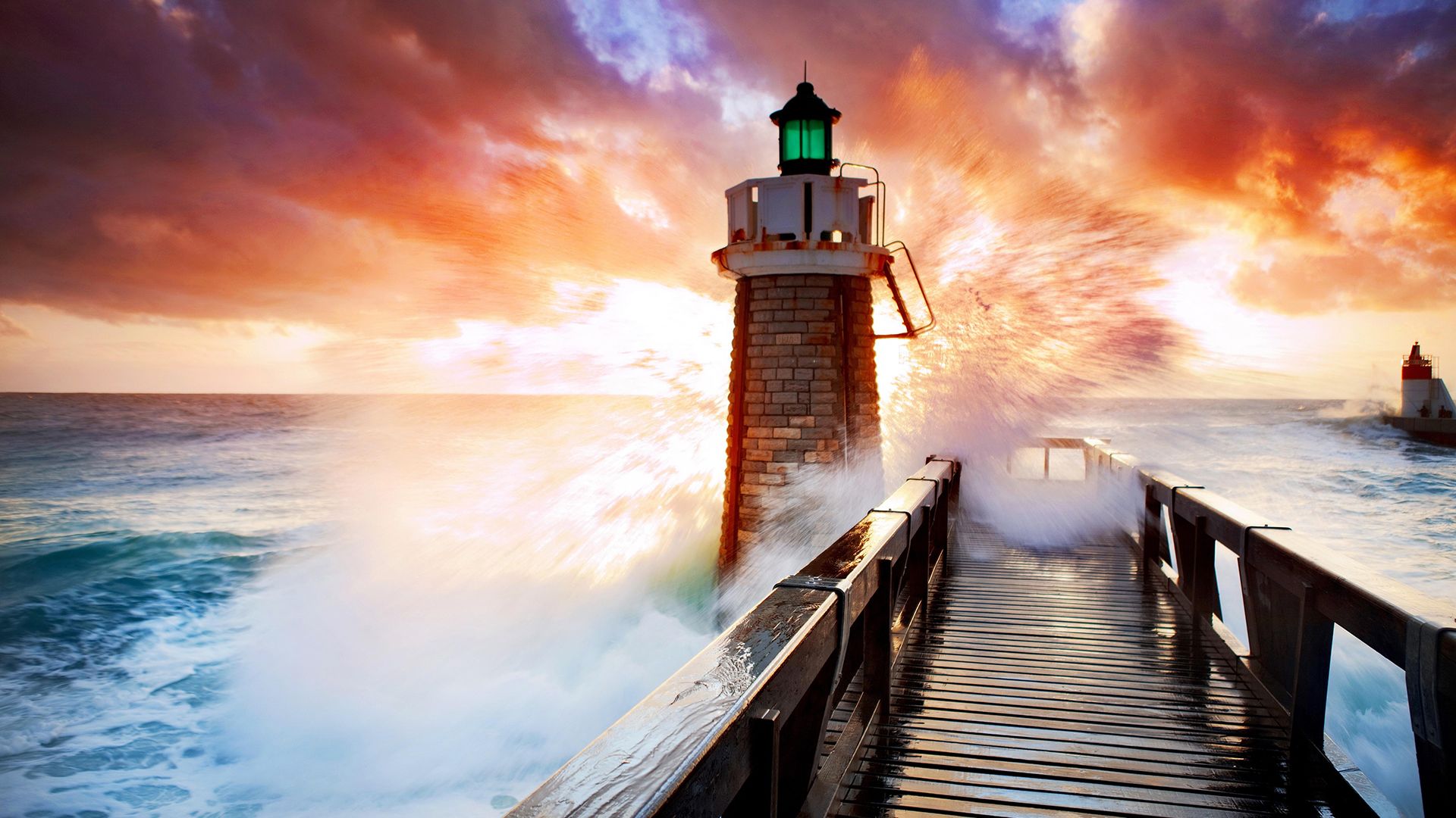 Surreal Sunrise Near Ocean Lighthouse Wallpapers